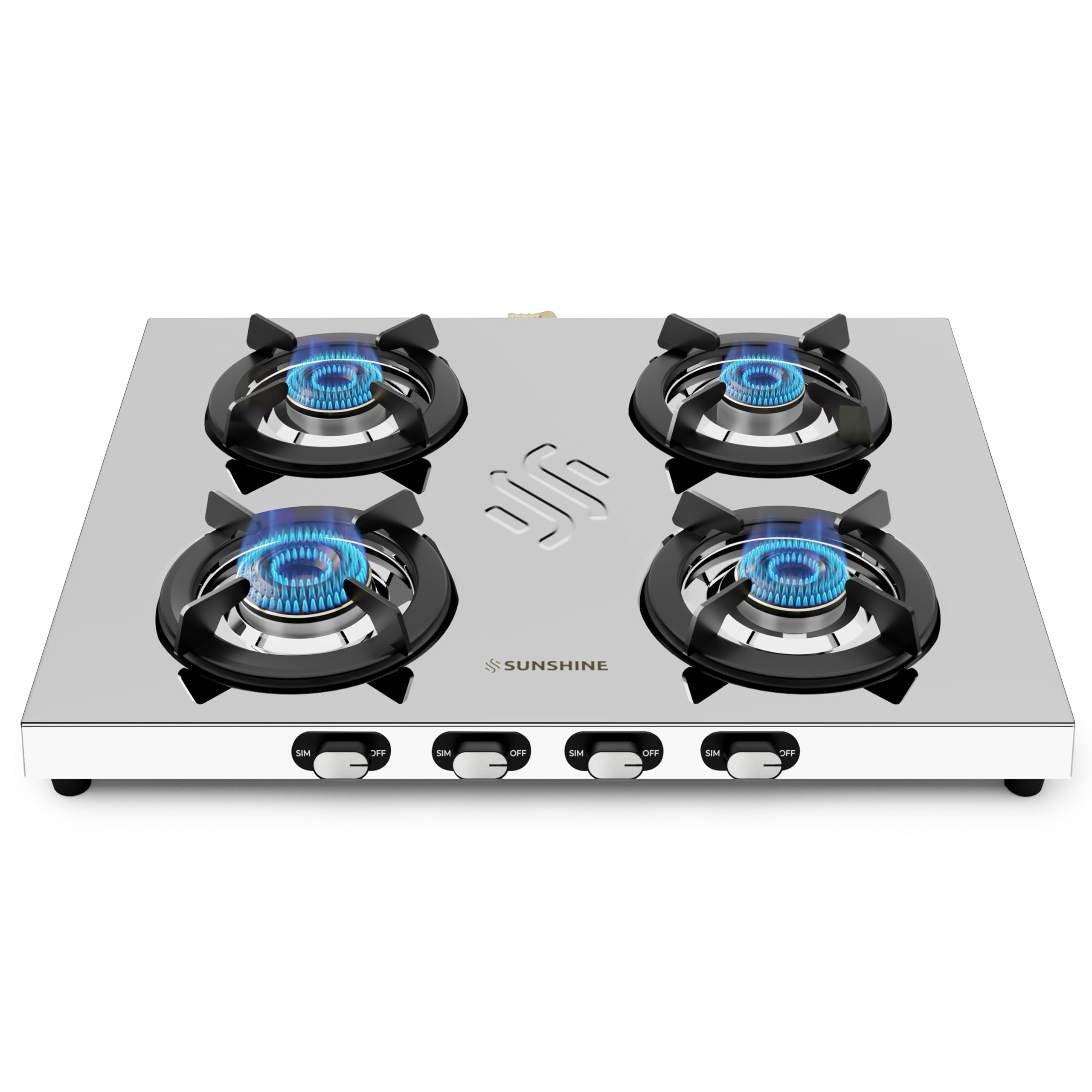 Sunshine Falcon 4 Burner | Ultra Slim 4 Burner Stainless Steel Gas Stove | Ergonomic Knob, Brass Burner, 5G Technology | Manual Ignition, LPG Ready & PNG Compatible (Silver)-image-1