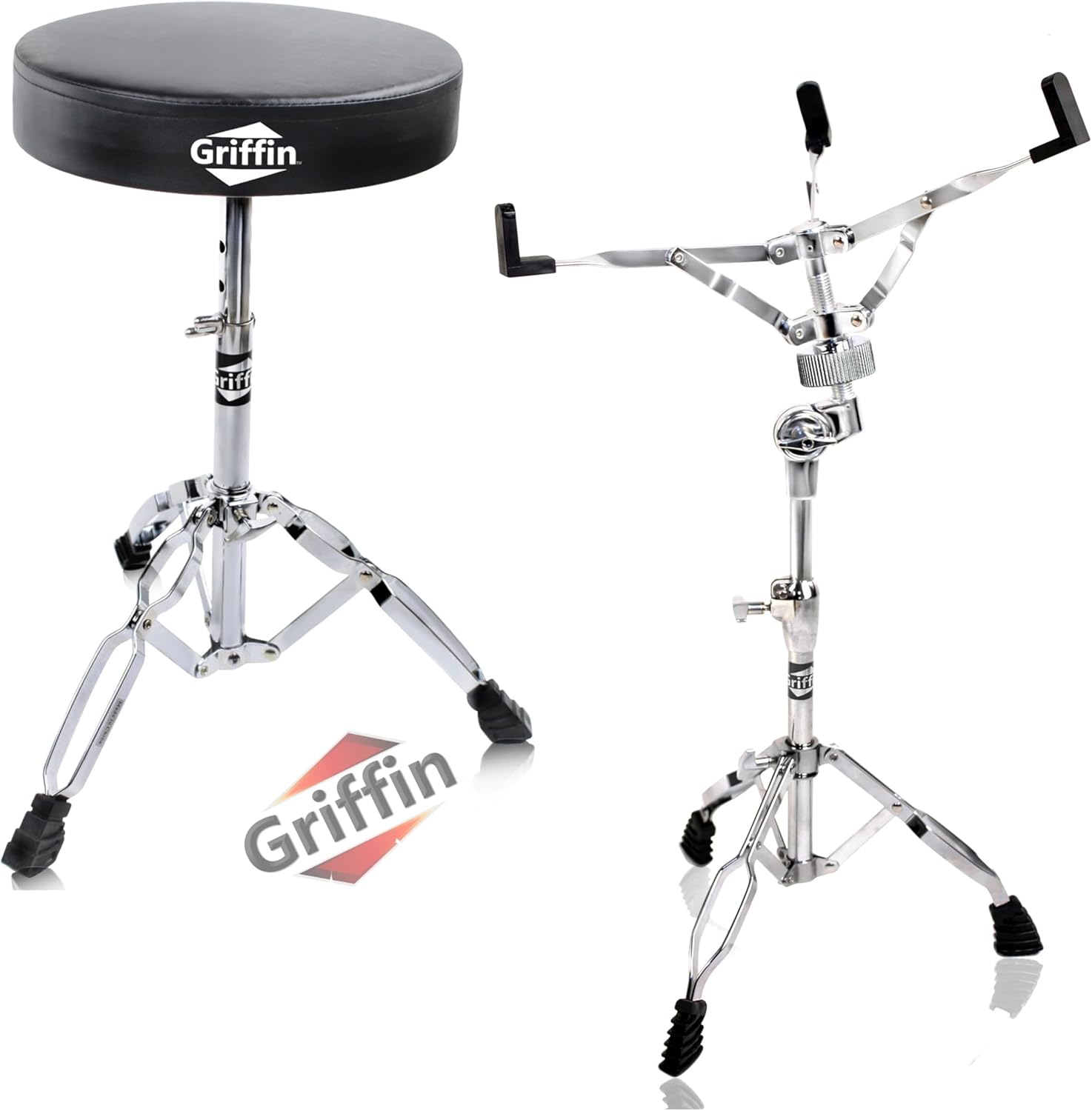Griffin Drum Throne & Snare Stand Set (ChromeElite Edition) 2 Pack – Percussion Drum Hardware Package with Clamp Mount – Lightweight, Braced Design for Snares & Pads