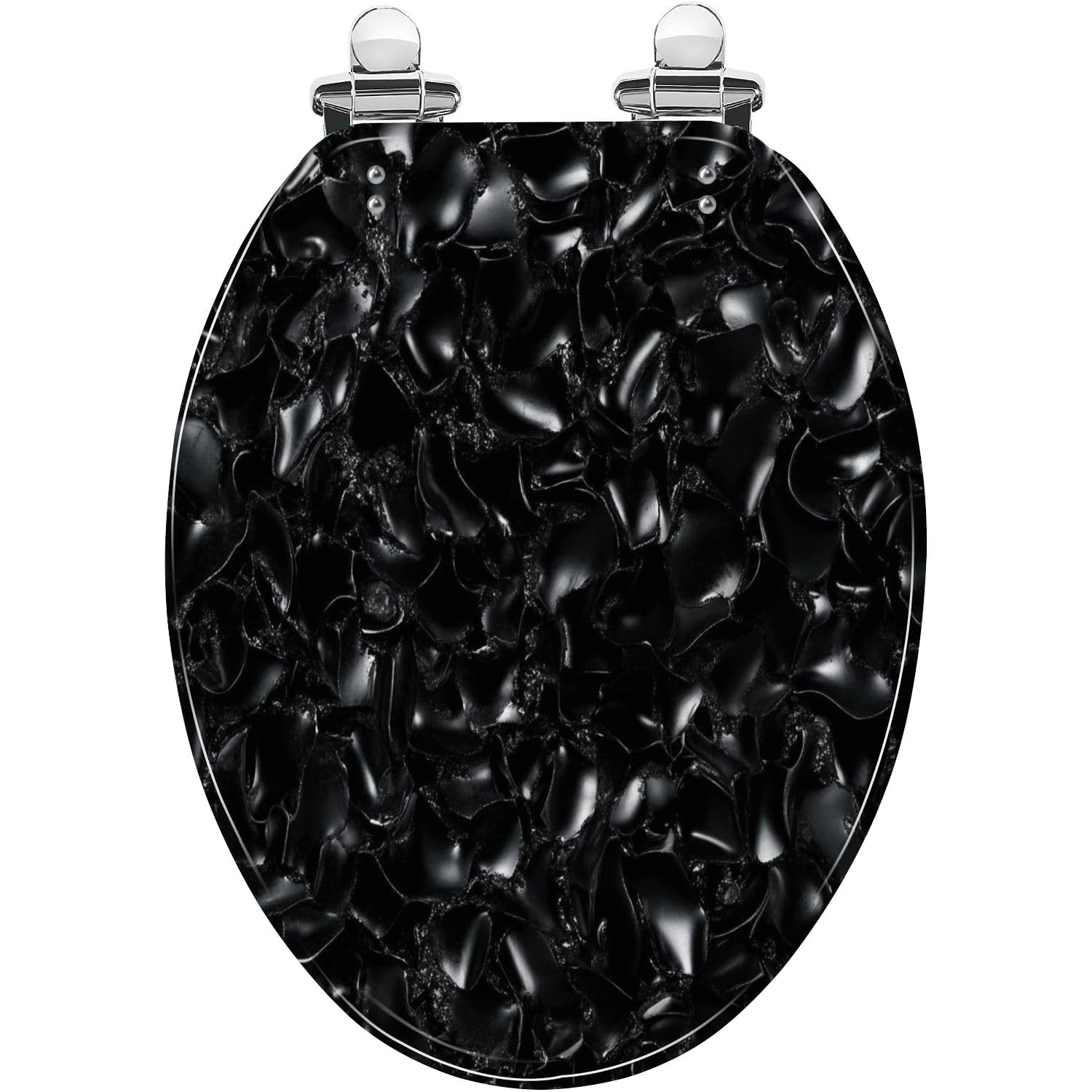 Asiento de inodoro alargado decorativo, resina gris oscura abstracta con textura de remolino negro, bisagras de liberación rápida de cierre silencioso, cubierta fácil de instalar