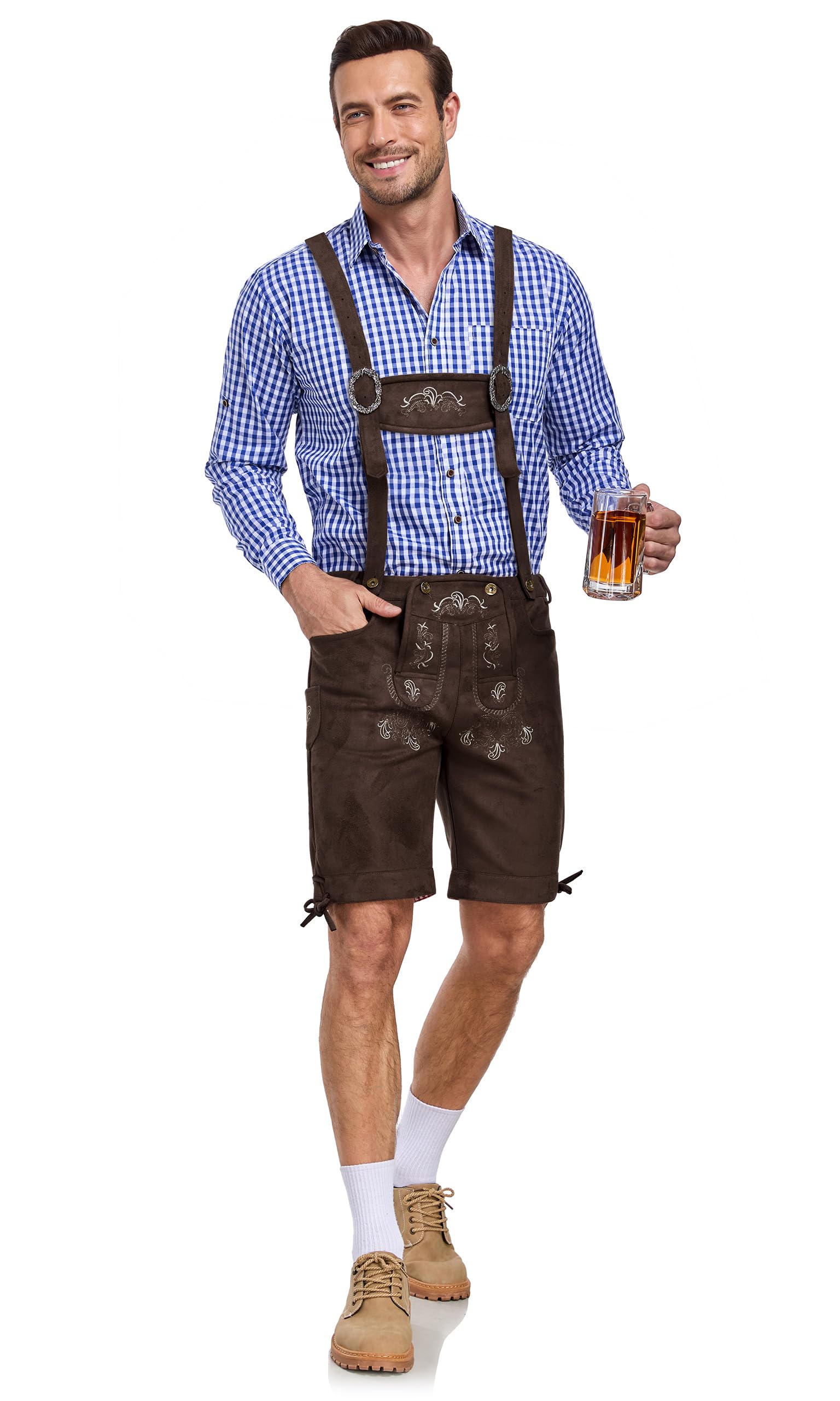 AMZHOTER Lederhosen Oktoberfest Uomo Lederhosen Vestito Tirolese Costume Pantaloni Oktoberfest Bavarese Costume Uomo