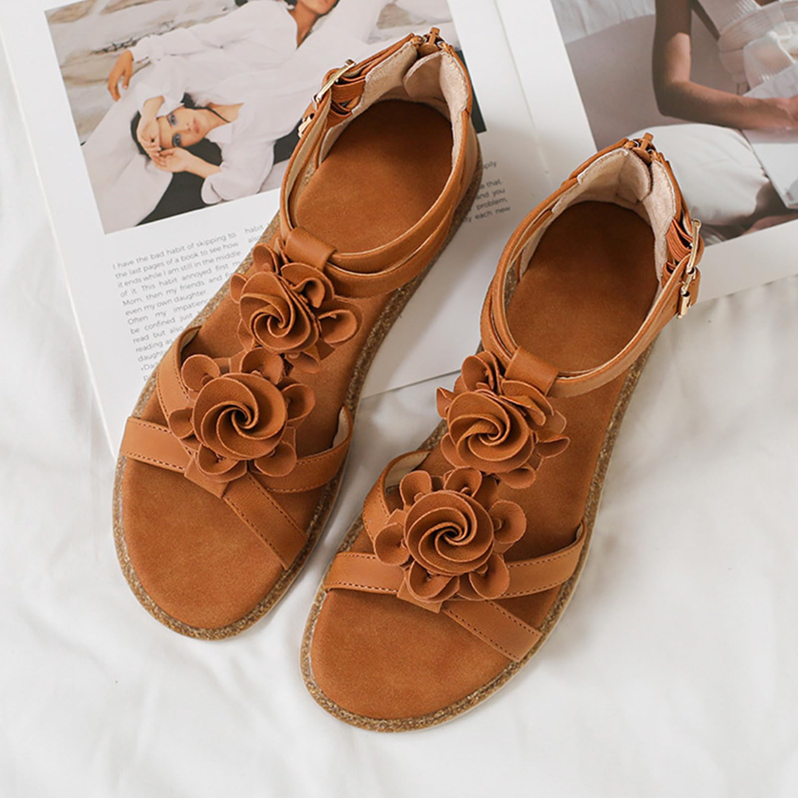Sandalias boho mujer sandalias romanas planas mujer sandalias florales mujer tiras cruzadas tobillo cremallera trasera punta abierta playa caminar vacaciones viaje mar