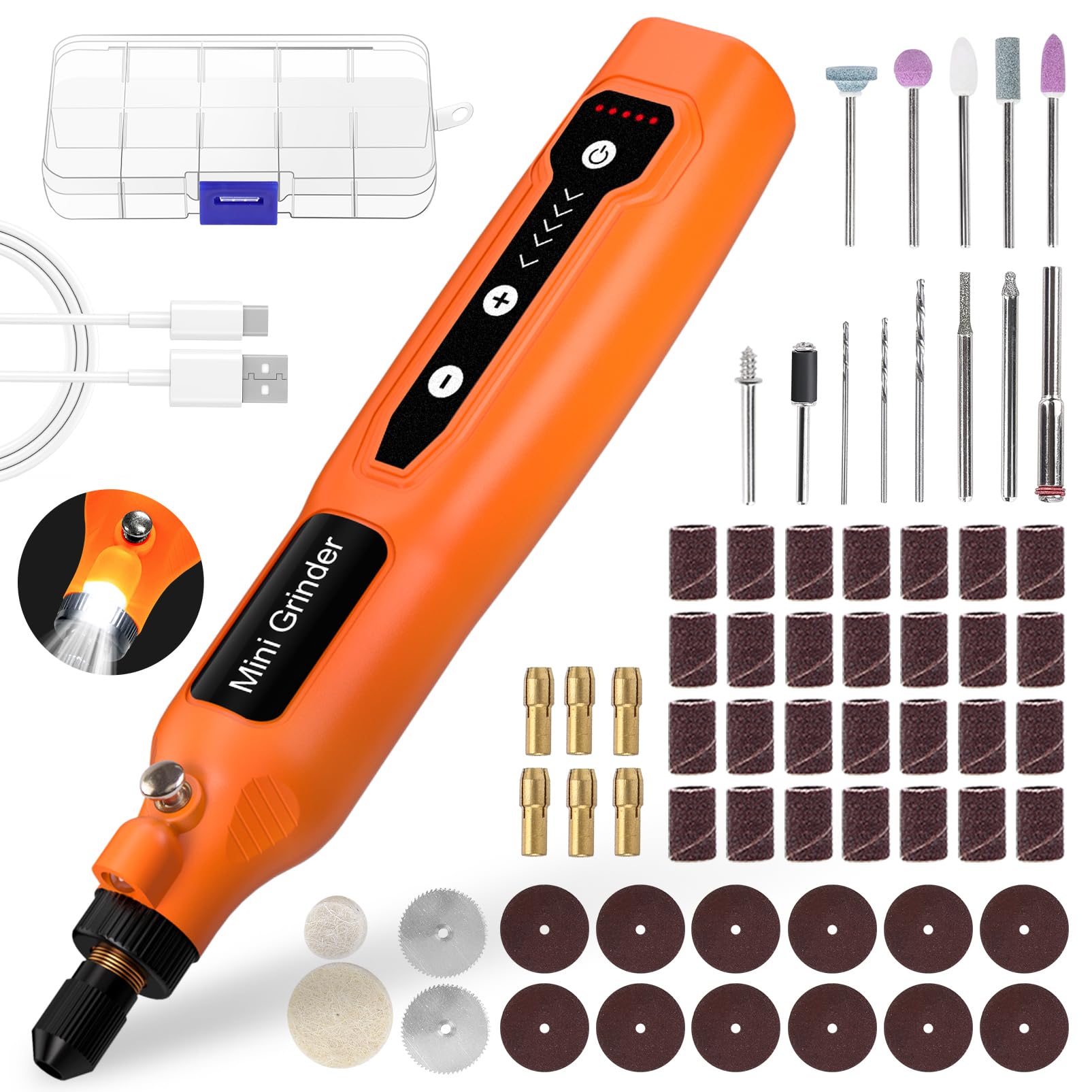 Cordless Mini Rotary Tool Set - 64Pcs Accessories 5 Speed 5000-18000rpm Multi-Purpose Mini Electric Grinder Kit 3.7V USB Rechargeable with Light for Engraving Grinding Polishing Cutting DIY Orange — image 1