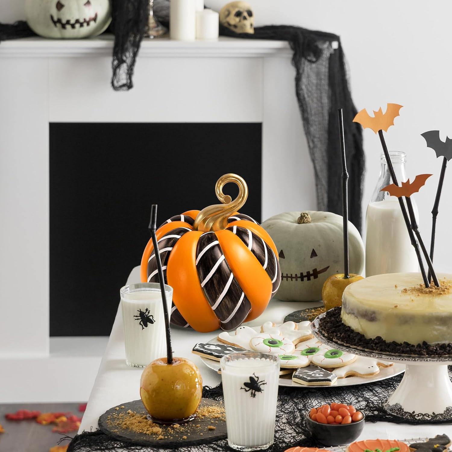 Black and White Decorative Pumpkins, 7.6 Large Resin Pumpkins for Decorating, Fall Halloween Figurines Table Centerpiece Home Decorations, Autumn Thanksgiving Indoor Desk Shelf Mantel Decor