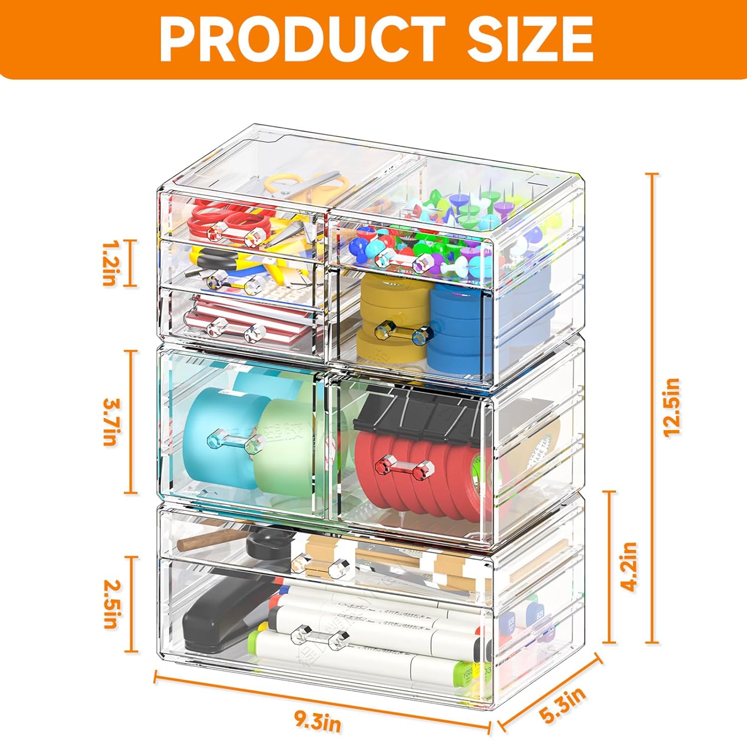 Cq acrylic Clear Stackable Storage Drawers,Plastic Makeup Organizer and Bathroom Storage Bins WIth 9 Drawers For Make up,Medicine,Craft,Pen,Beauty and Office Supply Organizer - Image 3
