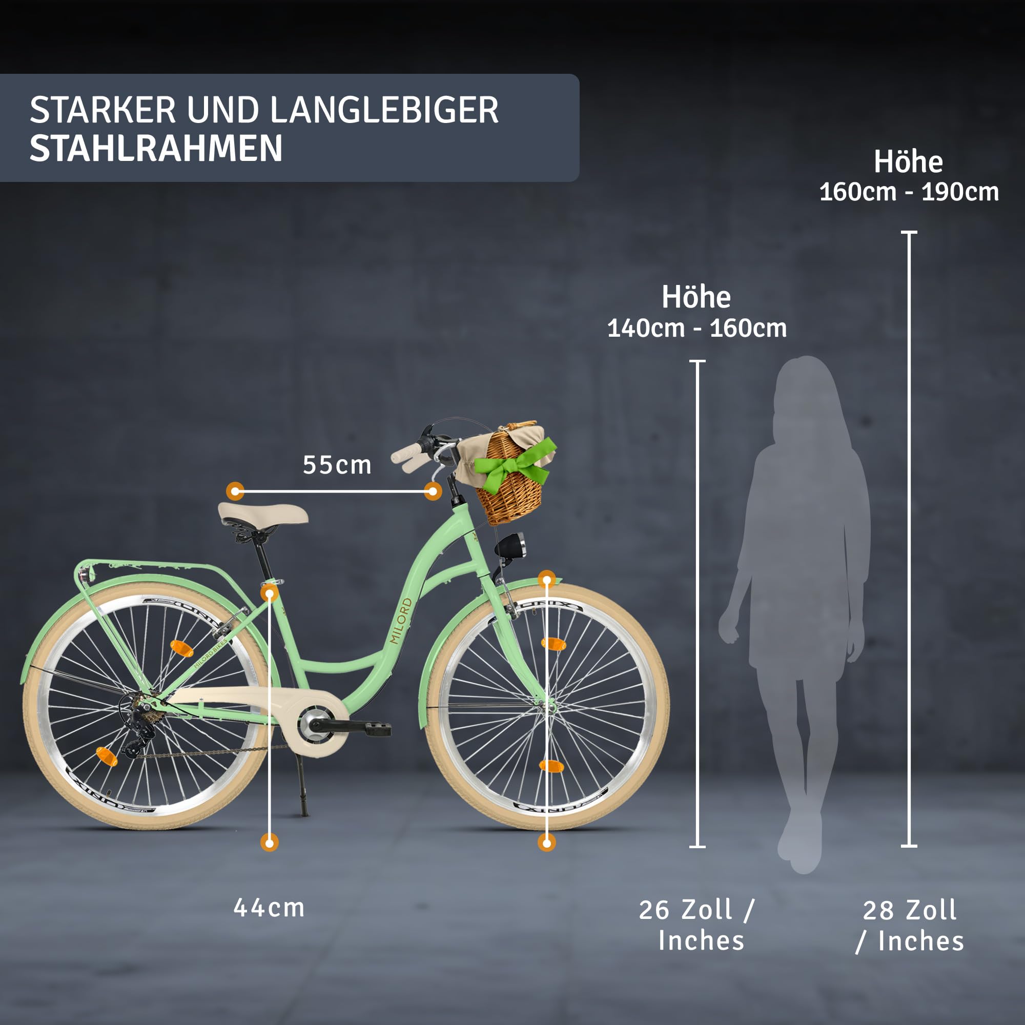 Milord Komfort Fahrrad mit Weidenkorb, Hollandrad, Damenfahrrad, Citybike, Vintage, 28 Zoll, Mintze-Creme, 7-Gang Sport & Freizeit