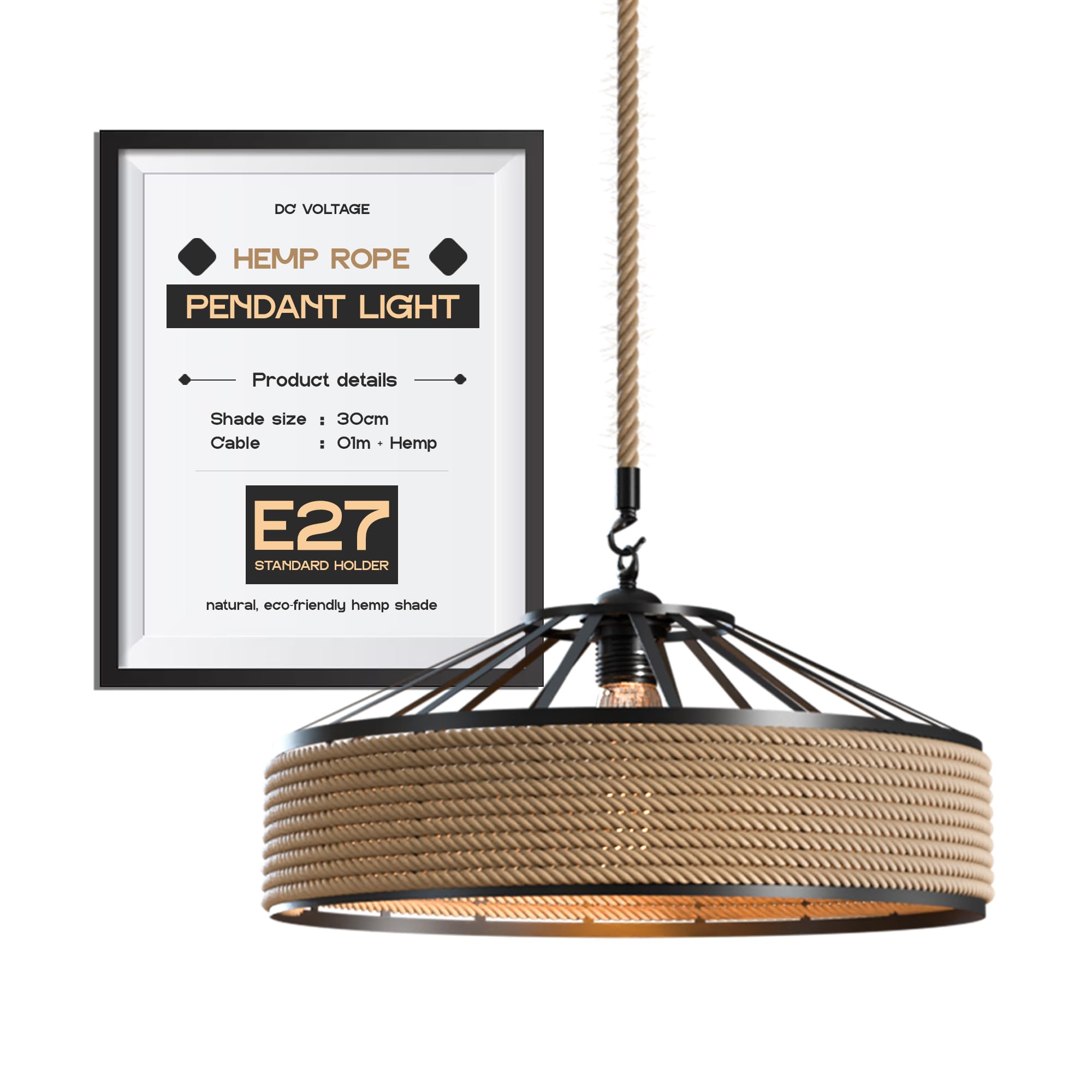 DC VOLTAGE Industrial Metal & Rope Pendant Light,30cm Retro Hemp Rope Black Ceiling Lampshade with 1m Adjustable Rope Pendant Lamp Shade for Living Room Bedroom Kitchen Hallways Floor Lamp