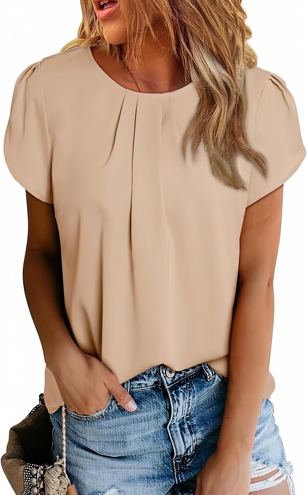 Women's Casual Round Neck Basic Pleated Tops Short Sleeve Loose Fit Curved Back Chiffon Blouses Tshirts
