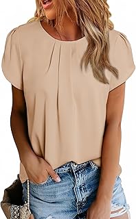 Dokotoo Women's Casual Round Neck Basic Pleated Tops Short Sleeve Loose Fit Curved Keyhole Back Chiffon Blouses Tshirts