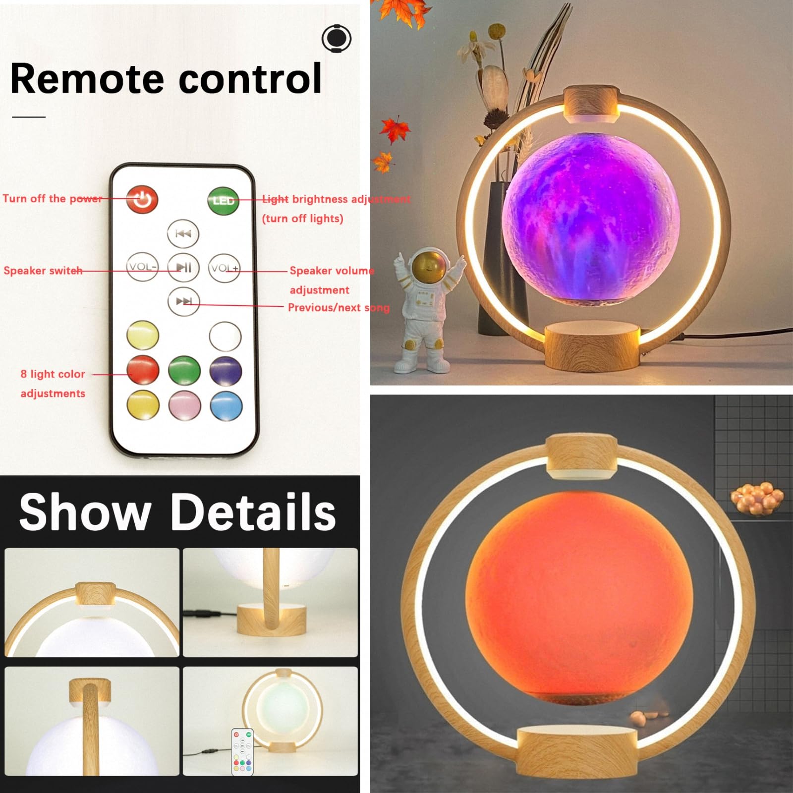 Lámpara de Luna Flotante de levitación magnética, lámpara Colorida de atmósfera de Cielo Estrellado para el hogar, Adornos creativos de Regalo con Altavoz Bluetooth,Style1,24 * 23cm