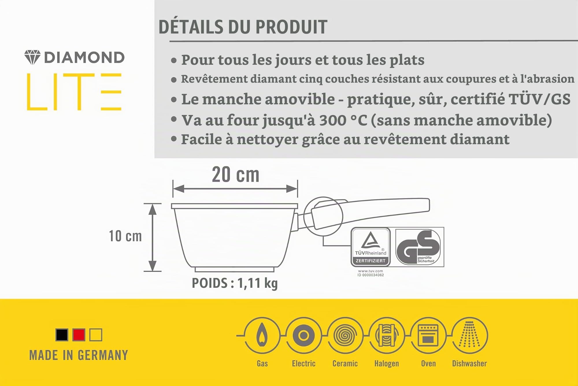 Woll Diamond Lite Casserole Ø 20 cm, hauteur 10 cm, 2,5 l, avec manche amovible – Convient pour vitrocéramique, gaz, électrique, halogène – Ne convient pas à l'induction, fonte d'aluminium, revêtement