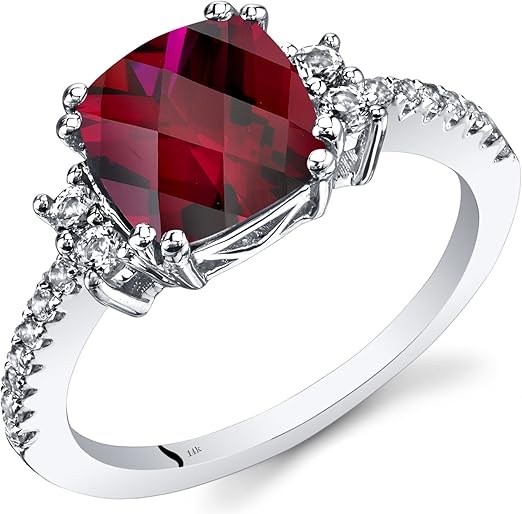 Peora Created Ruby Ring for Women 14K White Gold with Genuine White Topaz, Designer 3 Carats Cushion Cut 8mm, Comfort Fit, Sizes 5 to 9