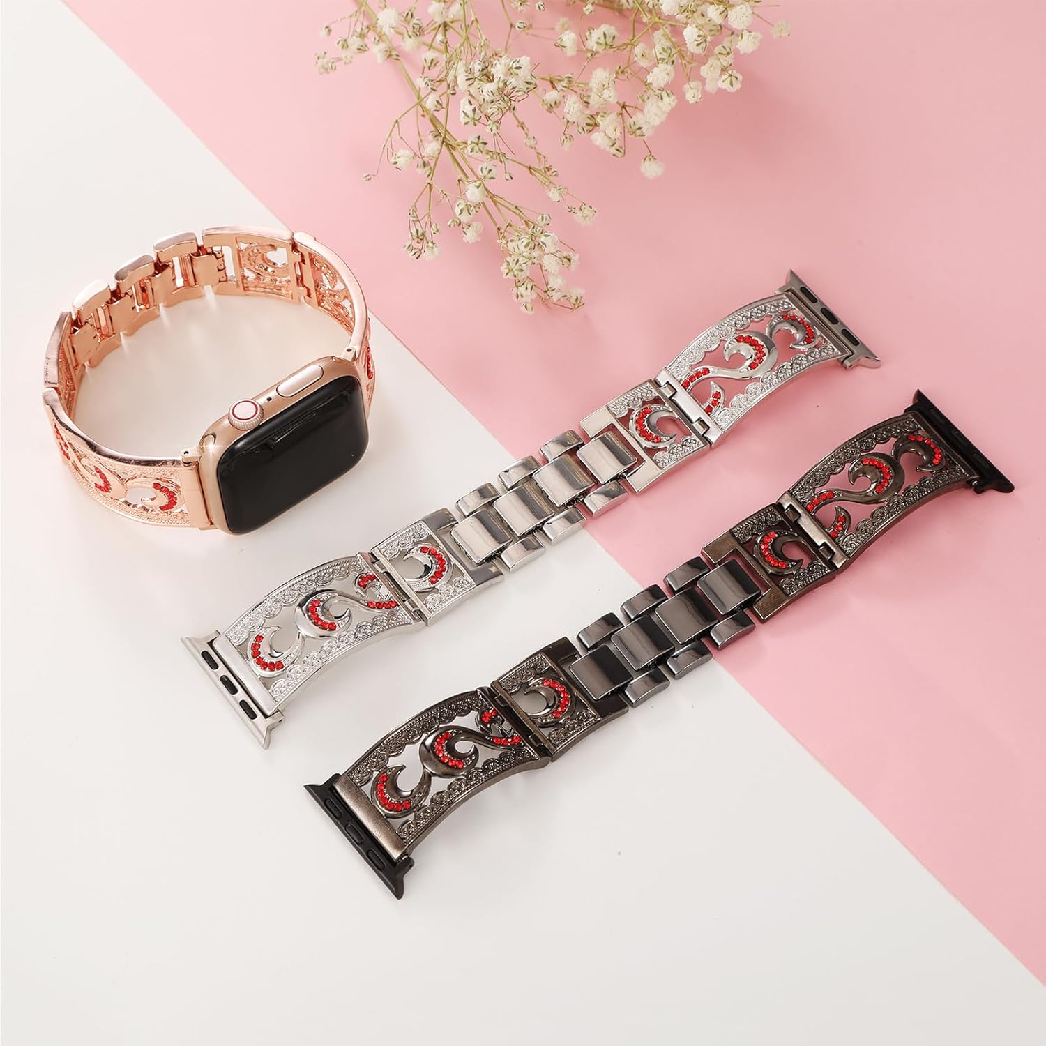 Dressy Jewelry Crystal Bracelet Compatible with Apple Watch Band 38/40/41/42/44/45/46/49mm iWatch Series 11/10/9/8/7/6/5/4,Bling Rhinestone Wristband Strap,Elegant Hollow-out Metal Bangle Women - Image 5