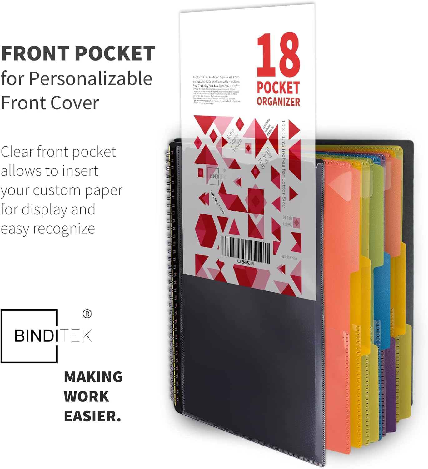 Binditek 3 Pack 18 Pocket Poly Project Organizer with 9 Dividers, Heavyduty Folder with Customizable Front Cover, Metal Wire Binding Spine, Extra Zipper Pouch, Letter Size, Office Supplies