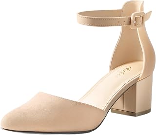 Ankis Closed Toe Heels for Women, 2.25 Inch Low Block Chunky Dress Pumps | Black Nude White Gold Silver Pointed Toe Design, Soft Insole, Adjustable Ankle Strap, Classic Versatile, For Formal Daily