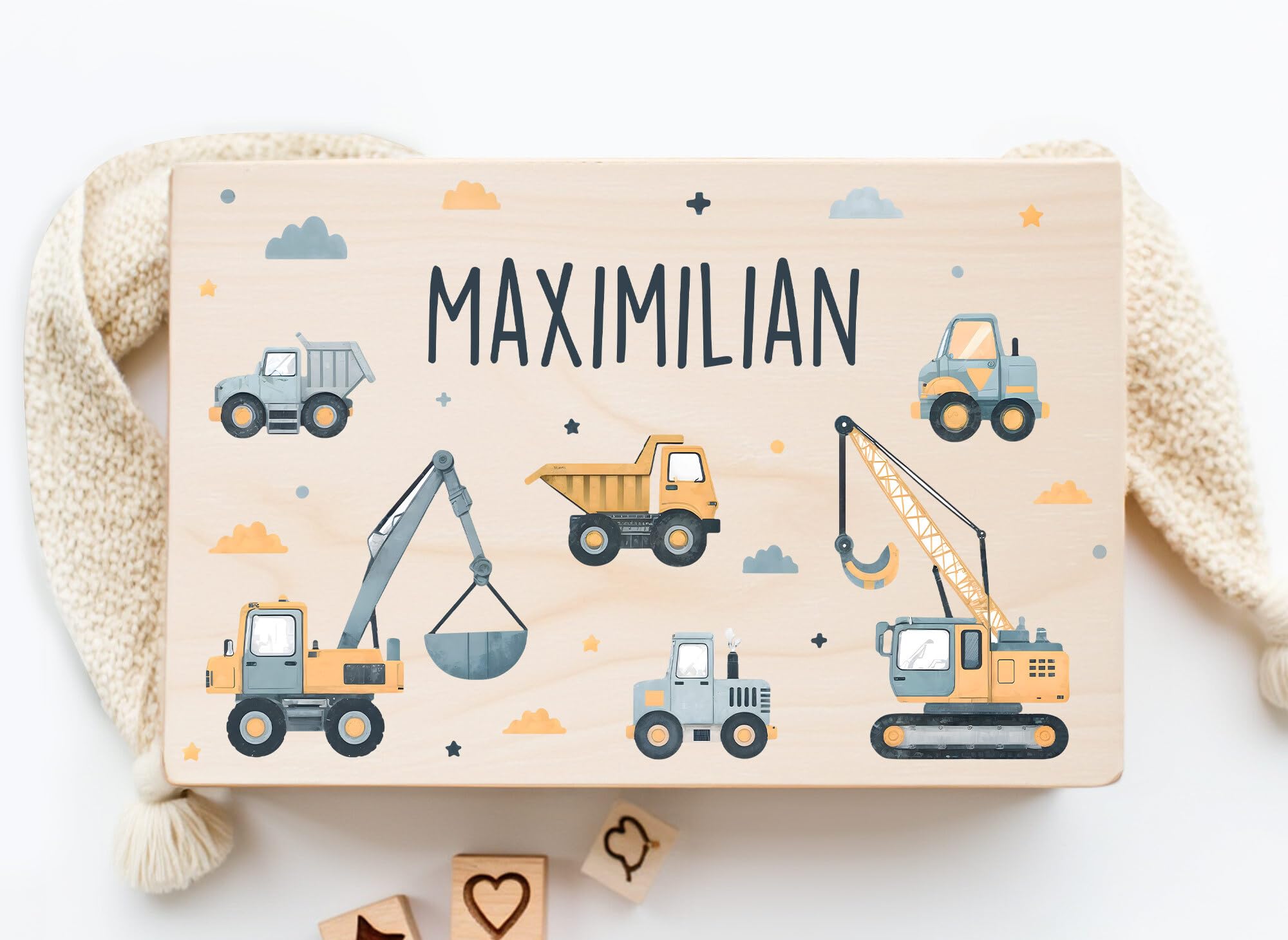 Little Deco Personalisierte Erinnerungsbox Baby Erinnerungskiste mit Bagger | L - 40 x 30 x 22 cm | Geschenk zur Geburt, Taufe & Geburtstag für Jungen Holzkiste mit Namen XHL1024-02