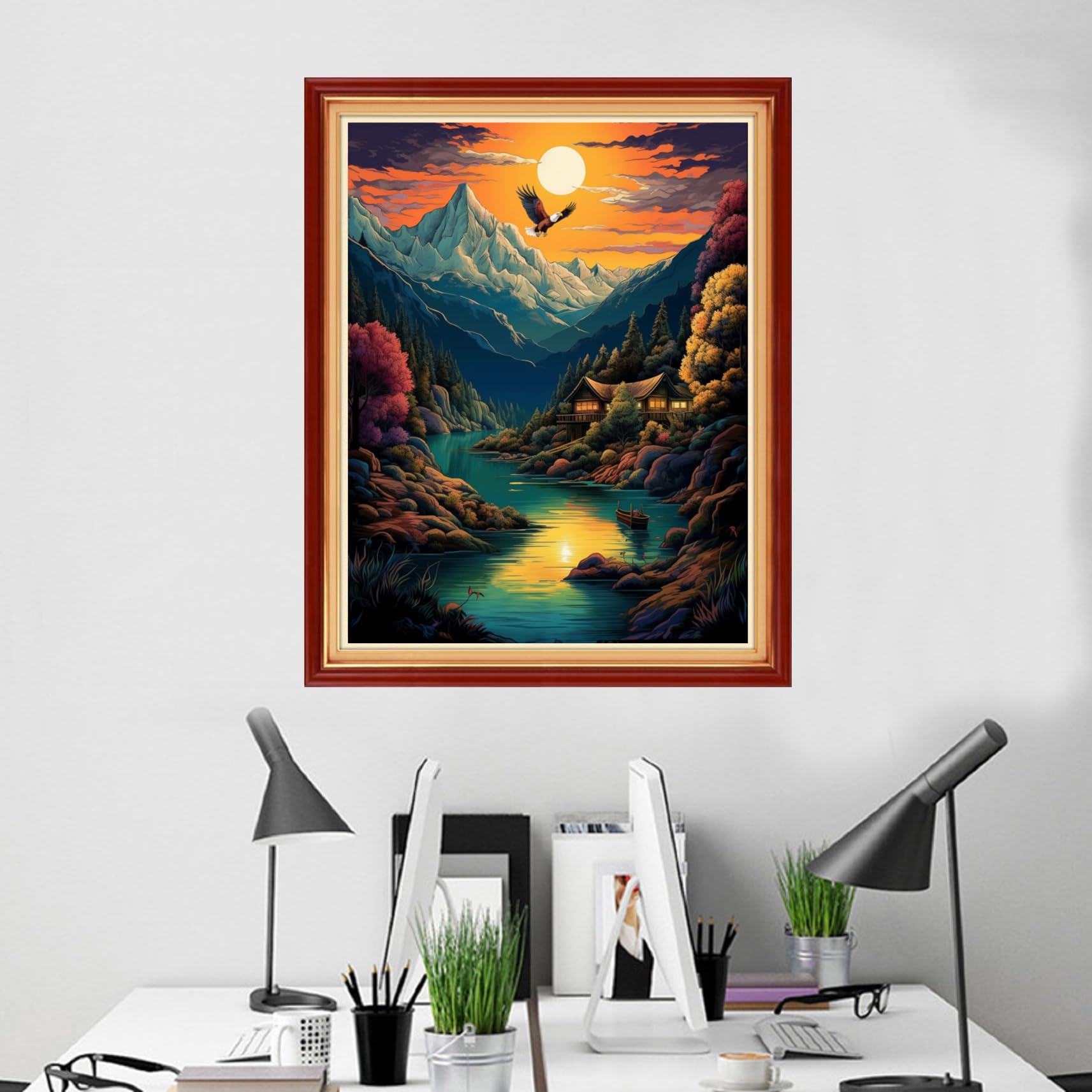 Foxhool Kits de punto de cruz para principiantes, gama completa de kits de bordado para adultos, kit de punto de cruz, patrones de bordado para kit de punto de aguja, paisaje de amanecer, 16 x 20