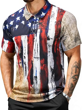 Short Sleeve Polo Shirts for Men American Flag Graphic Shirt Patriotic Casual Golf Shirt