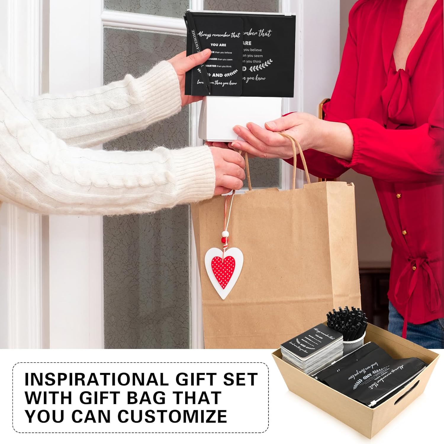 Seajan Inspirational Gifts Bulk - 50 Pcs Inspirational Pen, 50 Pcs Motivational Notepad, 50 Makeup Bags for Women & Men (Black, Inspirational)