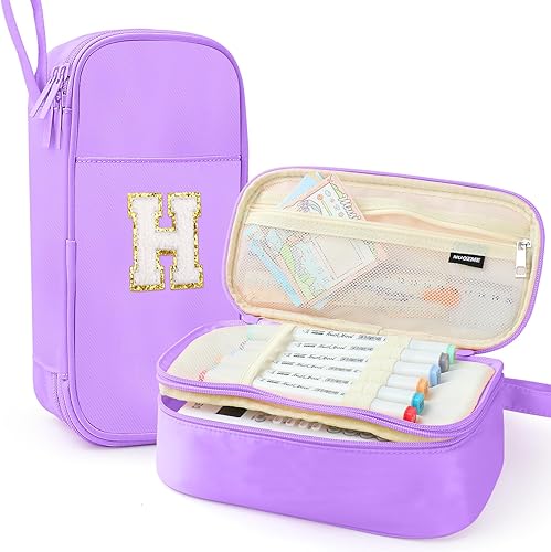 Miniatura 51 de Estuche para lápices extragrande, bolsa de gran capacidad, bolsa de lápices personalizada con inicial con cremallera suave, múltiples bolsillos