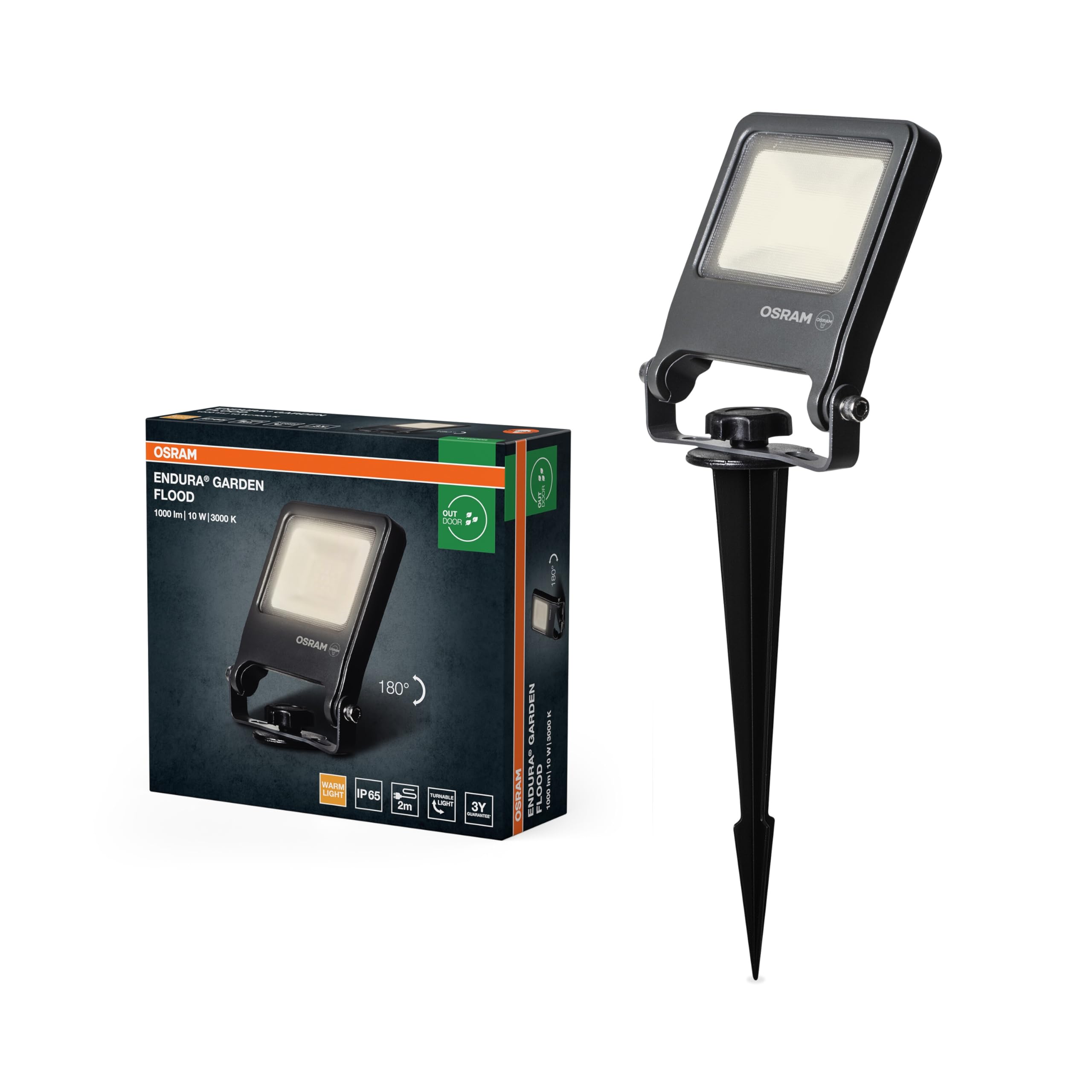 Osram ENDURA Picket Reflektor ogrodowy, 10 W, 800 lm, 3000K ciepła biel, IP65, kabel 2 m z gniazdkiem, aluminium ciemnoszary