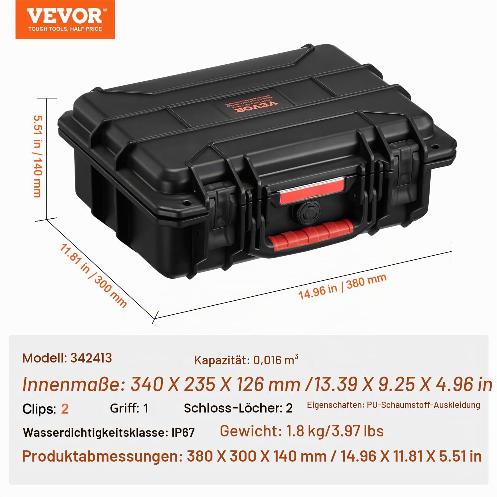 VEVOR wetterfester Hartschalenkoffer Trockenboxen mit vorgeschnittenem Schaumstoff und einziehbaren Griffen für Reisen, IP67 wasserdichtes Gehäuse für Kameras Schwarz (38 x 30 x 14 cm)