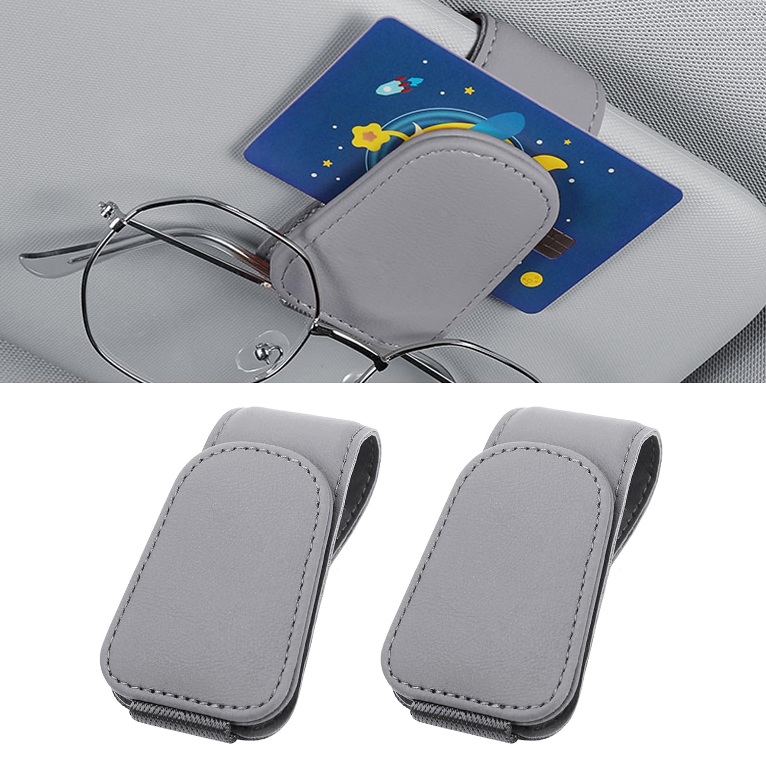 Heshebuy 2 Stück Brillenhalter für Auto Sonnenblende, Brillenhalter für Auto, Sonnenbrillenhalter Auto, Magnetische Auto Visier Brillenhalter,Sonnenbrillen Halterung/Ticket-Kartenclip (Hellgrau)