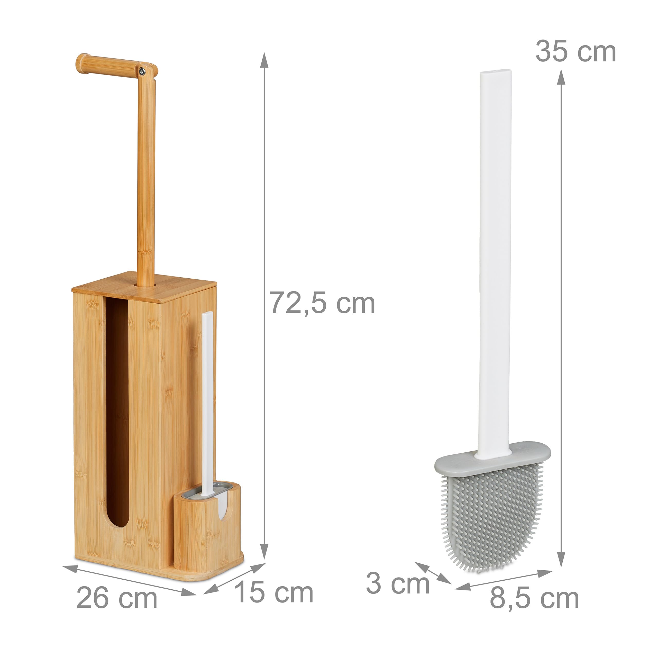 Relaxdays Zestaw do WC z bambusa, wys. x gł.: 72,5 x 26 x 15 cm, wolnostojąca, szczotka do WC z uchwytem na szczotkę, naturalna/biała