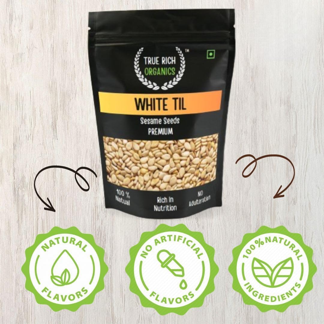 Premium Raw Sesame Seeds packaging with natural ingredients icons