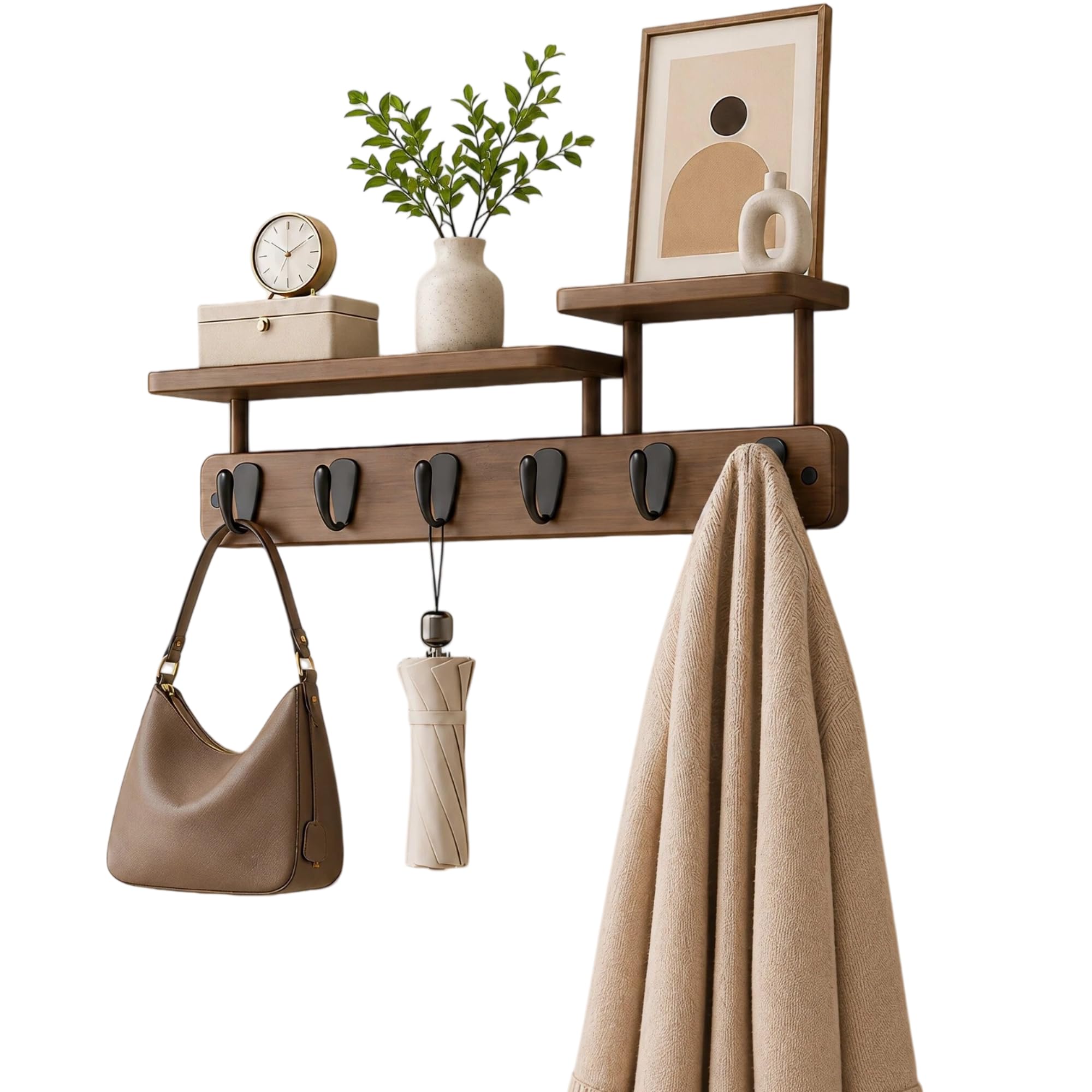 Perchero de pared de madera con estante 59 cm y ganchos