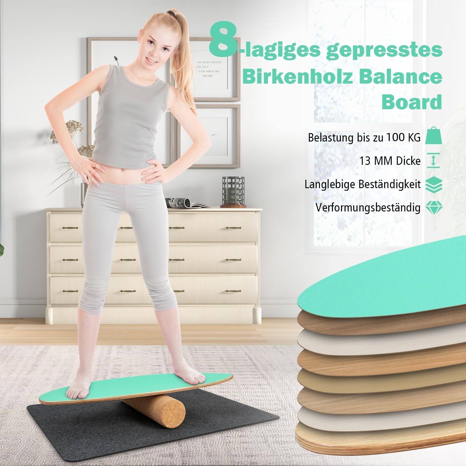 GYMAX Balance Board aus Holz, 15 mm BalanceBoard mit 10mm Korkrolle & rutschfeste Matte aus Filz, Indoor Surfboard, Wackelbrett, Gleichgewichtsboard für Kinder & Erwachsene