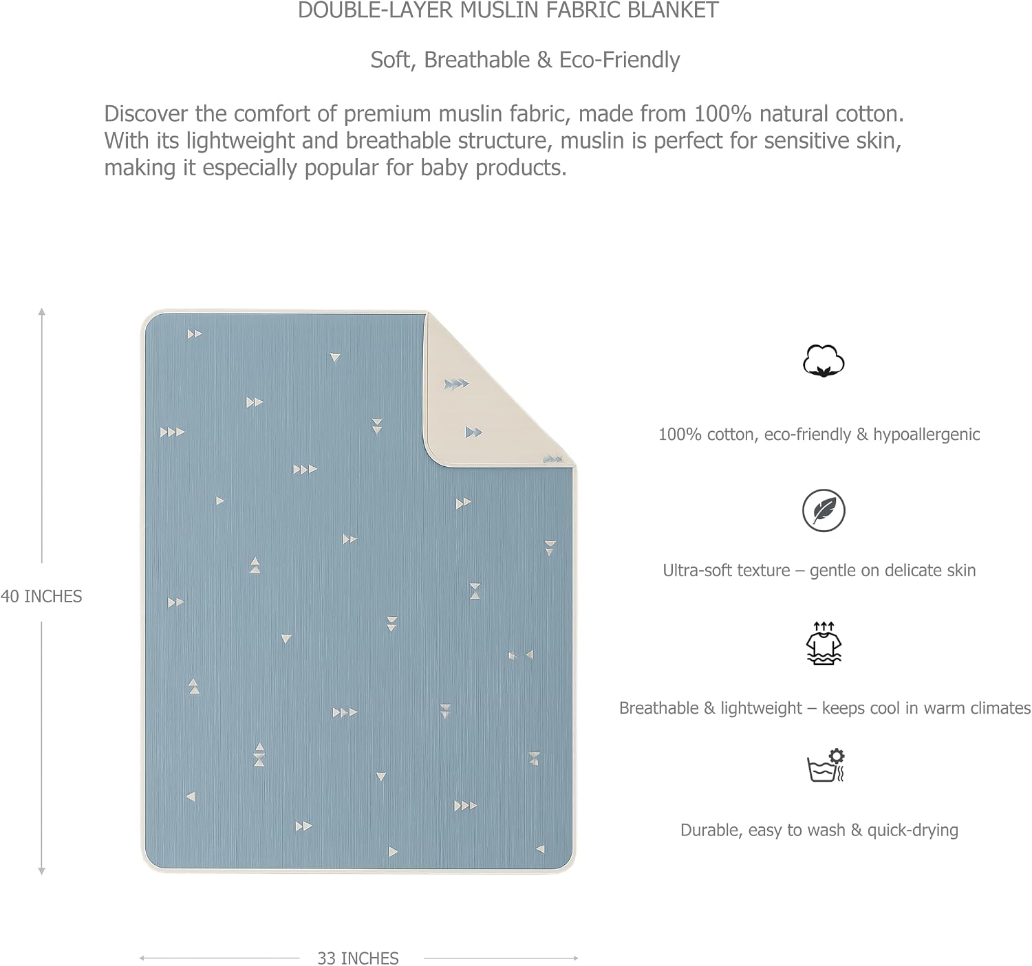 100% Organic Turkish Cotton Baby Blanket – Double Layer Muslin Swaddle & Receiving Blanket – Breathable 42"x34" for Newborn, Infant & Toddler – Machine Washable – Blue