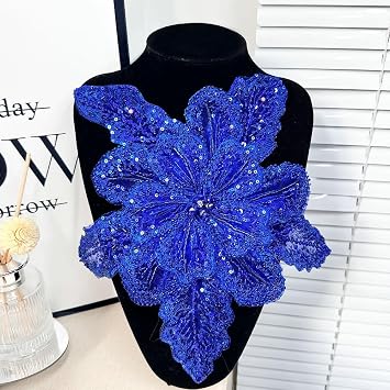 Embroidered Lace Applique Sequin Beading Decoration/Clothing Accessories/Wedding Headwear/Wedding Stickers Flowers Bright Blue