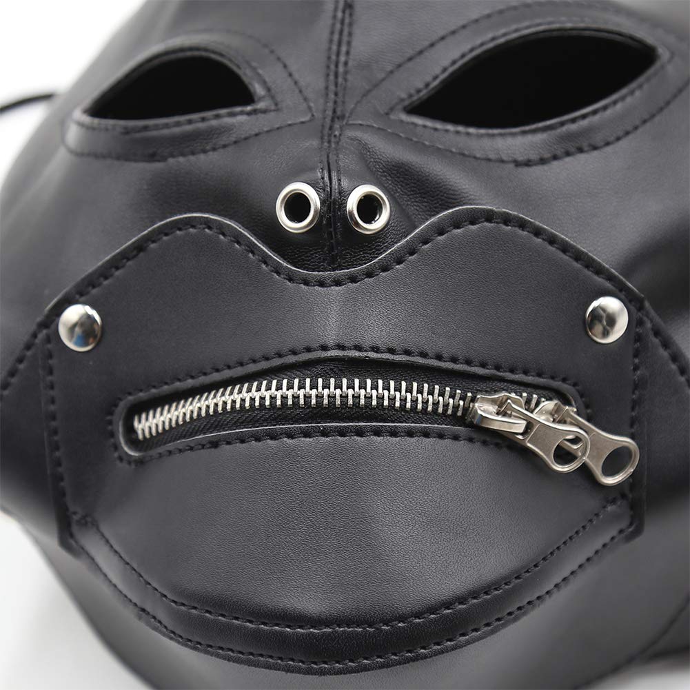 Roluck Máscara de Cuero con Cremallera y Cerradura Bondage SM Máscara de Cabeza para Hombres Mujeres Ajustable Fetiche Juguetes Sexuales, Aberturas Máscaras para Carnaval Halloween