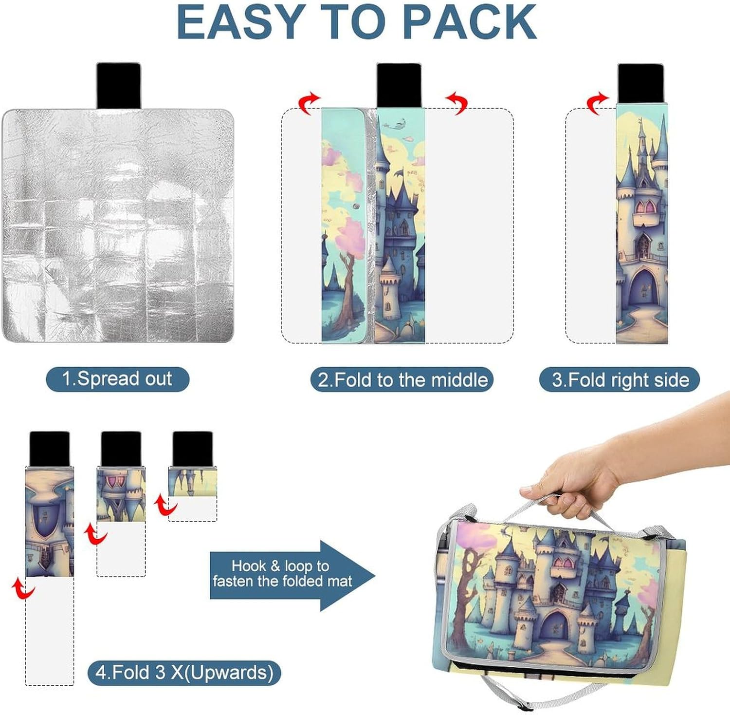 Outdoor Picnic Blanket Extra Large Beach Blanket Waterproof Picnic Mat Fairytale Castle Camping Blanket Portable with Carry Strap Park Blanket for Grass Camping Park