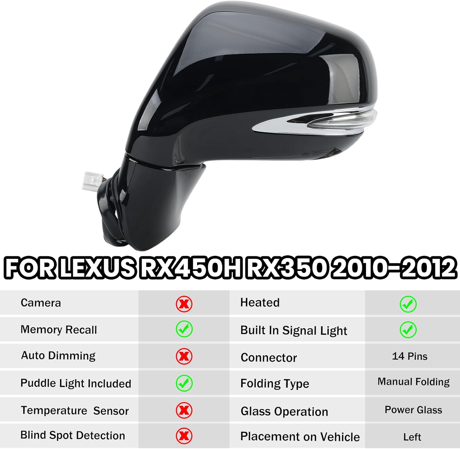 Left Driver Side Mirror Compatible With 2010 2011 2012 Lexus RX350 RX450H Mirrors with Mirror Memory Turn Signal Puddle Light Heated Power Glass Manual Folding Black(14Pins)