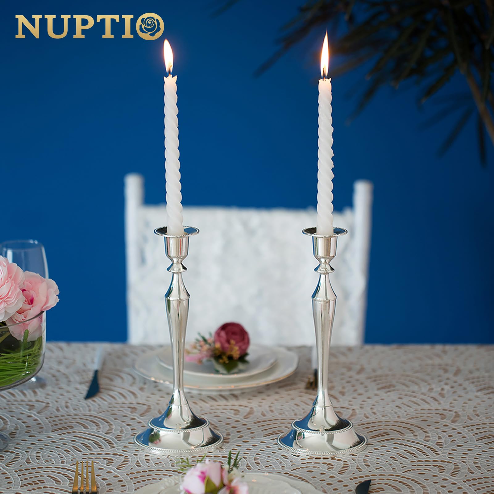 Nuptio Portacandele per Candele 2 Pezzi Argento Candela Bastoni Sta 24.5cm Alto Cono Portacandela per Matrimonio Festa di Compleanno Tavolo Centerpieces Camino Decorazione di Natale