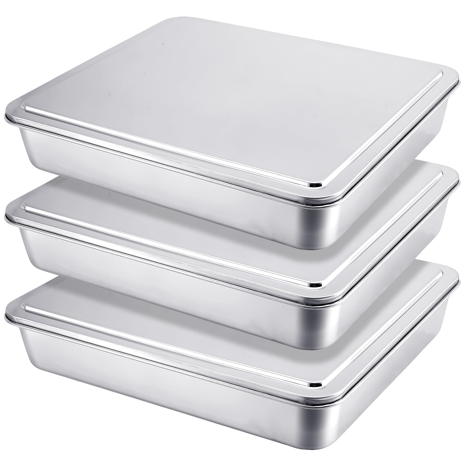 Tioncy Juego de 3 moldes para tartas cubiertos de acero inoxidable con tapa, 28 x 22,8 cm, bandeja rectangular para hornear con cubiertas, utensilios para hornear con tapas para pasteles, panes