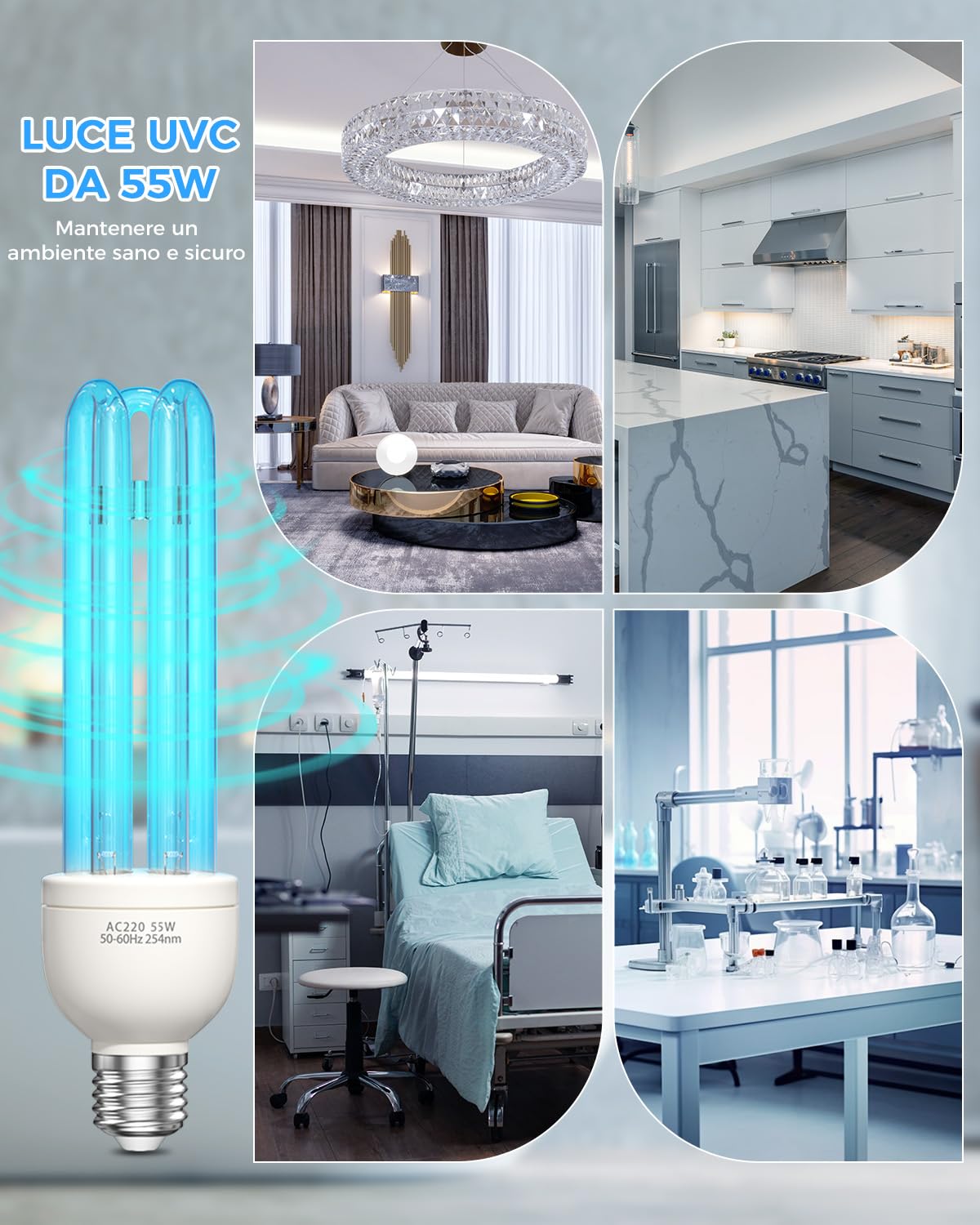 Lampada UV Ozono 55W Lampada Germicida Raggi UVC E27 254nm con Tubo al Quarzo Brine Ozono Contro Batteri Virus e Acari AC220-240V per Case, Lavatoi, Uffici, Ristoranti e Scuola Aria fresca