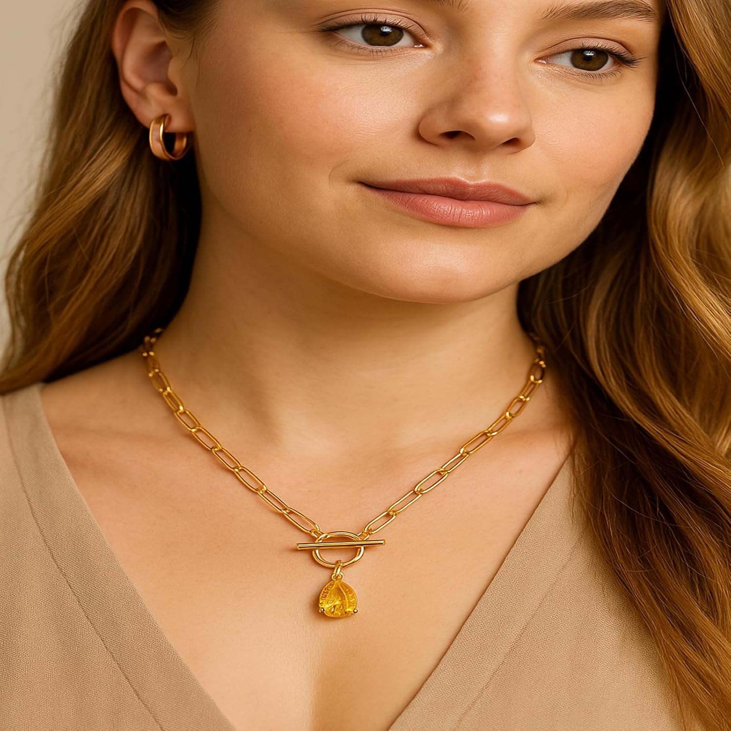 Paperclip Toggle Necklace 18K Gold Plating 8 * 10mm Teardrop Cut CZ Birthstone Pendant Paper Clip Chain Necklace Gemstone Crystal Jewelry Gift for Women - Image 5