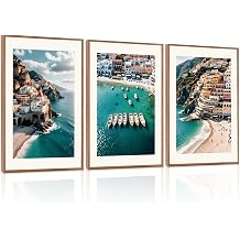 LHIUEM Ocean Positano Wall Decor,Blue Amalfi Coast Prints Set of 3,Aerial Photography Prints,Blue Sea Italy Print Canvas Wall Art,Beach Wall Art Pictures for Bedroom Bathroom -24"x36"x3