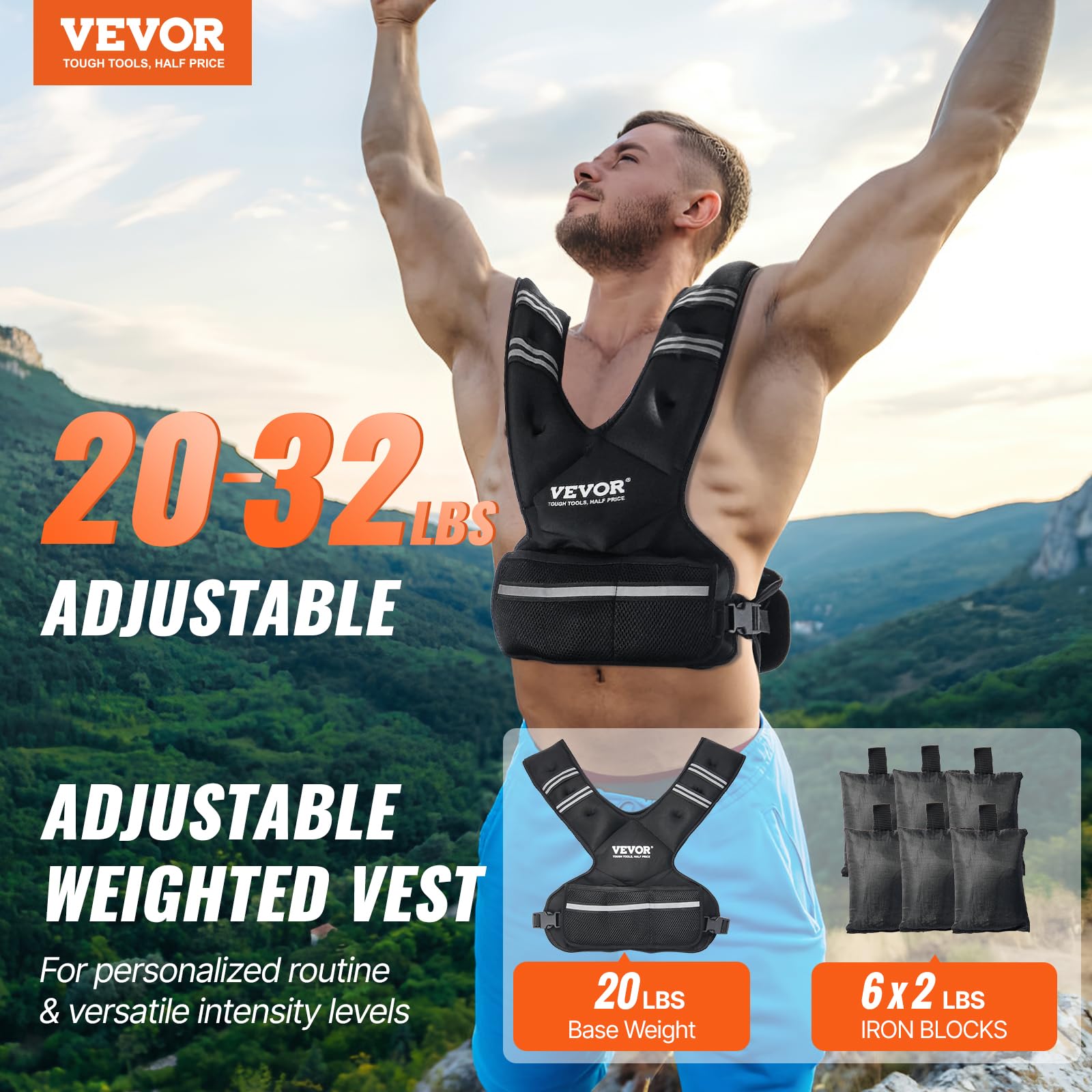 VEVOR Gilet lesté réglable 9 à 14,5 kg, veste de poids avec 6 packs de poids en granulés de fer et bande réfléchissante pour hommes et femmes, équipement d'entraînement pour musculation, course à pied