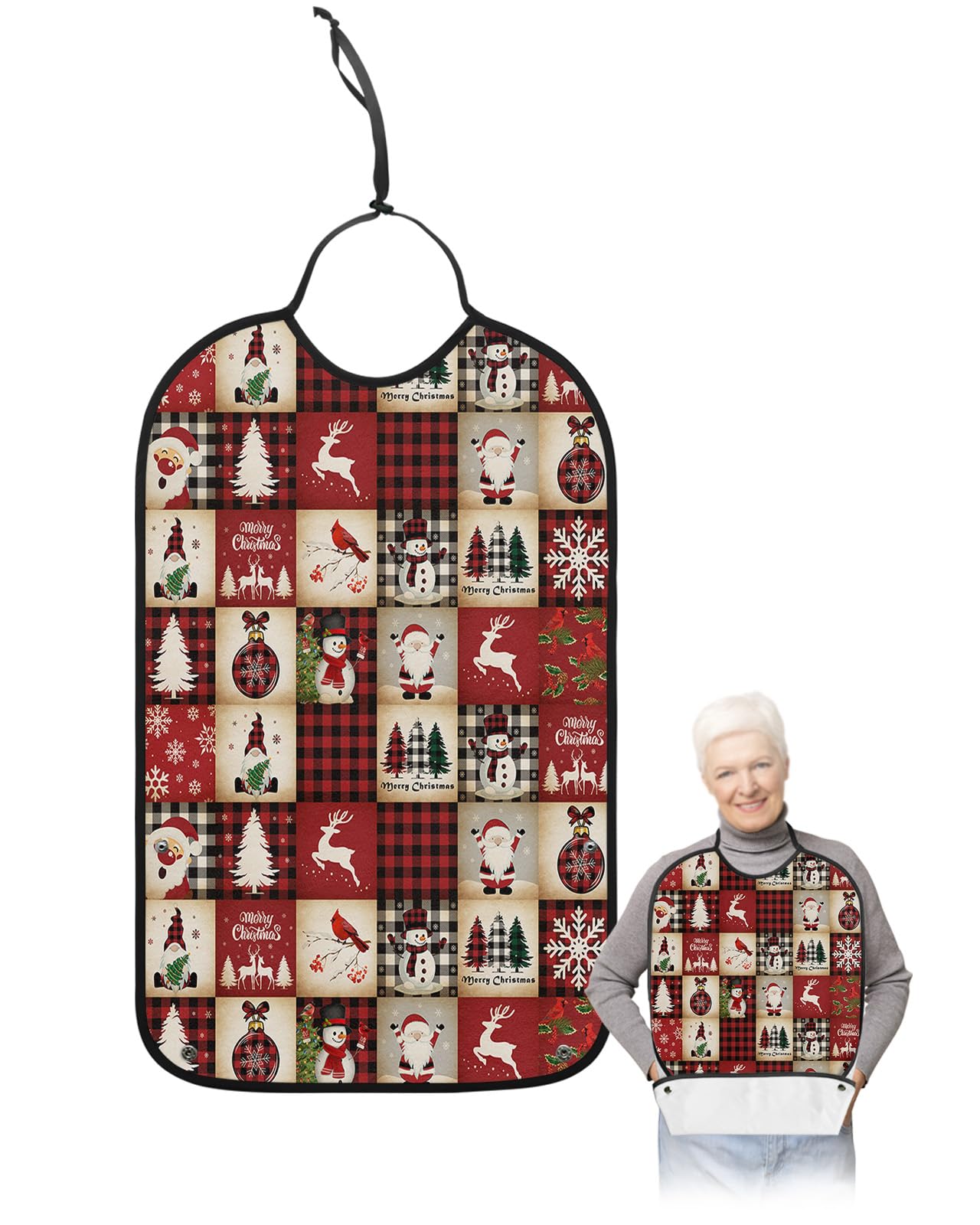 Christmas Checkered Adult Bibs for Eating, Waterproof Bibs with Food Catcher & Adjustable Snap Closure, Retro Snowman Santa Xmas Tree Bird Elk Clothing Protectors Adult Bibs for Elderly Women/Men