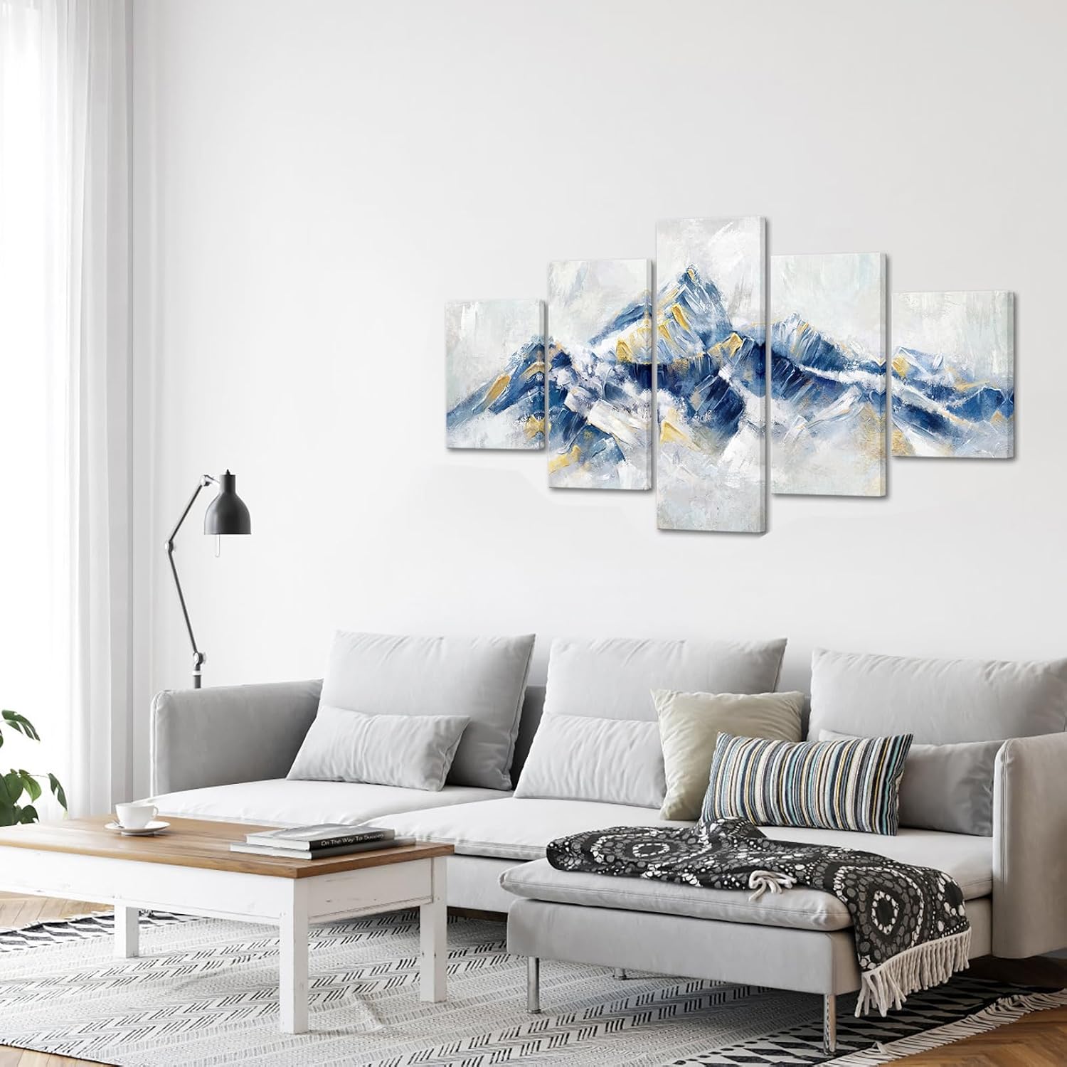 Saypeacher Large Abstract Mountain Canvas Wall Art Blue and Gold Mountain Painting Pictures Prints Navy Blue and Gold Artwork