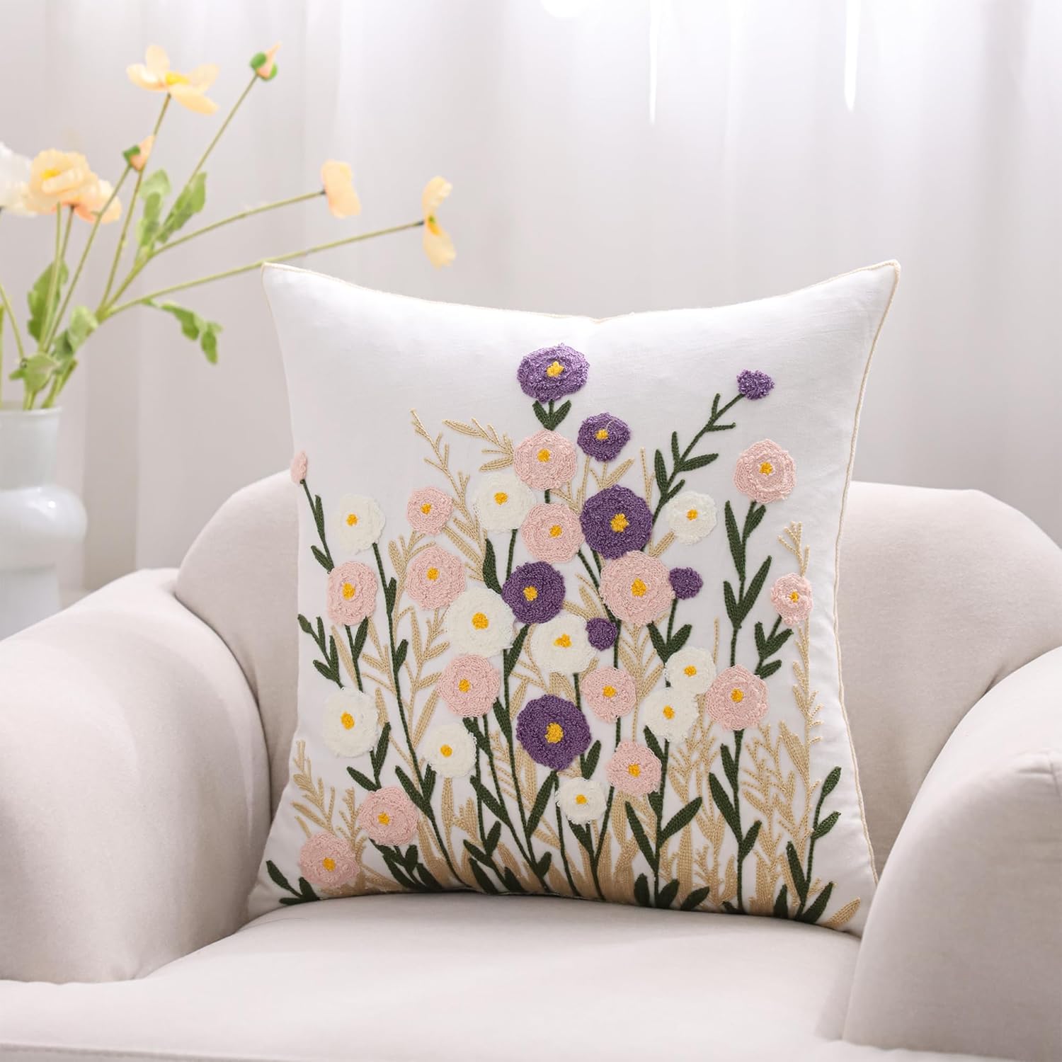 Spring Floral Pillow Covers 18x18 Inch Set of 2 Cotton Embroidery Farmhouse Throw Pillow Cover Outdoor Garden Cushion Case Summer Decorations for Home (Purple and Pink Flower,18"x18")