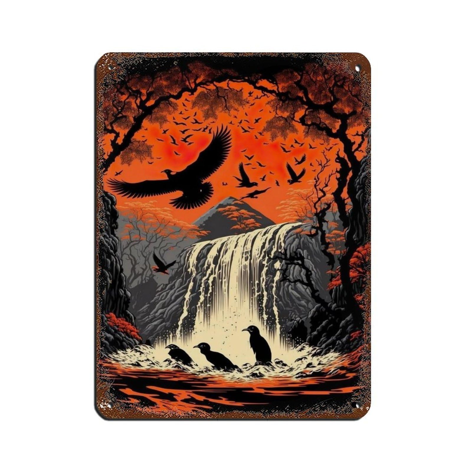 Lxwnze 30L X 40W Cm Birds By The Waterfall,Ukiyo-E Art Poster Retro Poster Metal Tin Sign Chic Art Retro Iron Painting Bar People Cave Cafe Family Garage Poster Wall Decoration 12X16inch(30X40cm)