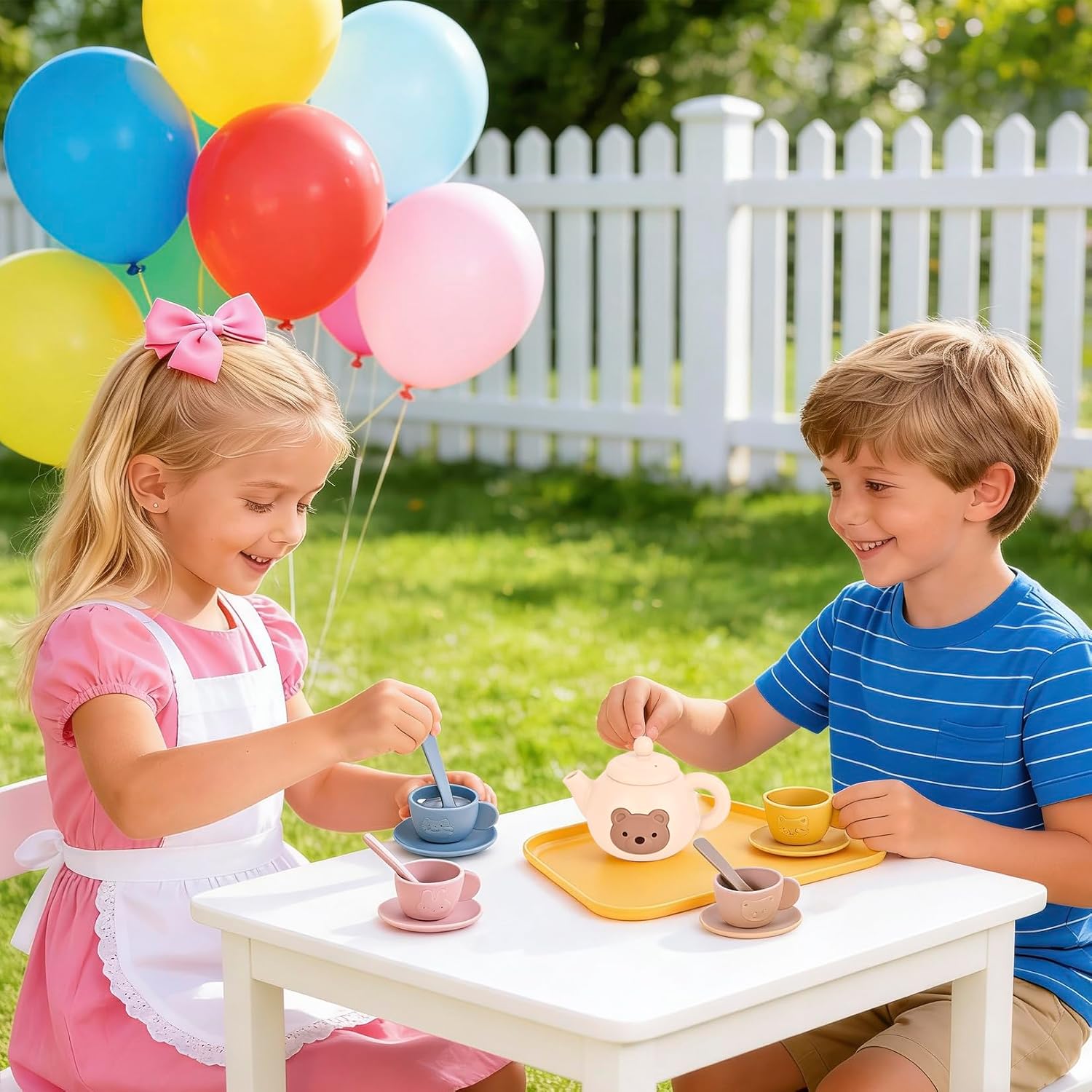 YOFOTHS Kids Silicone Tea Party Set, Pretend Play Tea Set with Teapot, 4 Cups with Saucers, Tray and Scoops, Safe Kitchen Toys for Ages 3-6