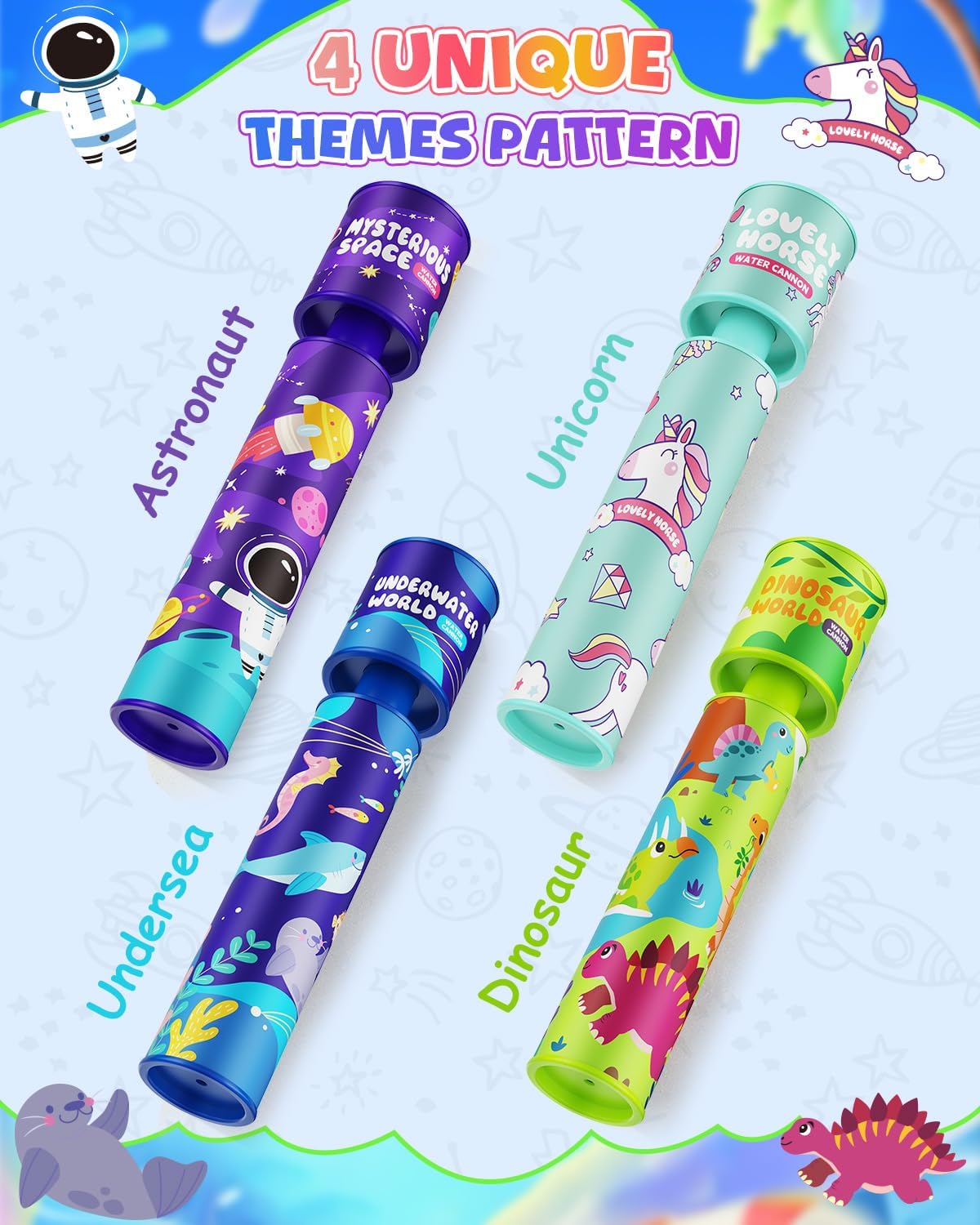 Water Gun Squirter Shooters for Kids: 4 Pack Water Blasters with Colorful Pattern, Cute Squirt Guns Water Soaker Bulk for Boys Girls Summer Pool Toy Swimming Beach Outdoor Party Favors