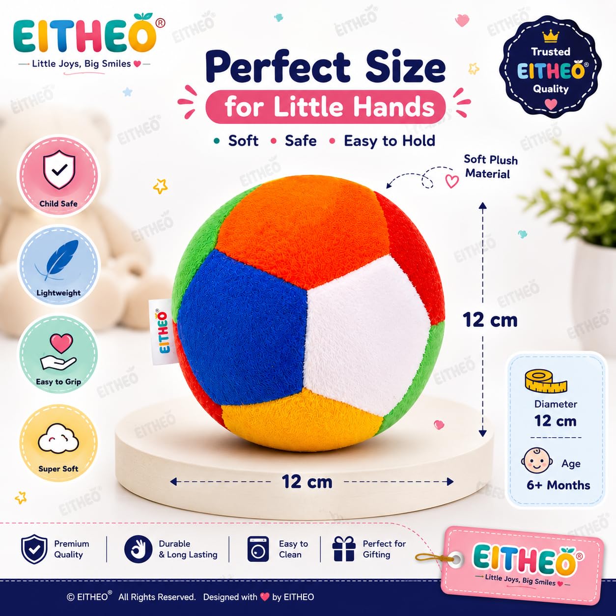 EITHEO Plush Soft Baby Ball Toy | Colorful Fabric Sensory Football for Babies & Kids | Lightweight Stuffed Ball for Indoor Play & Early Learning | Pack of 1 1
