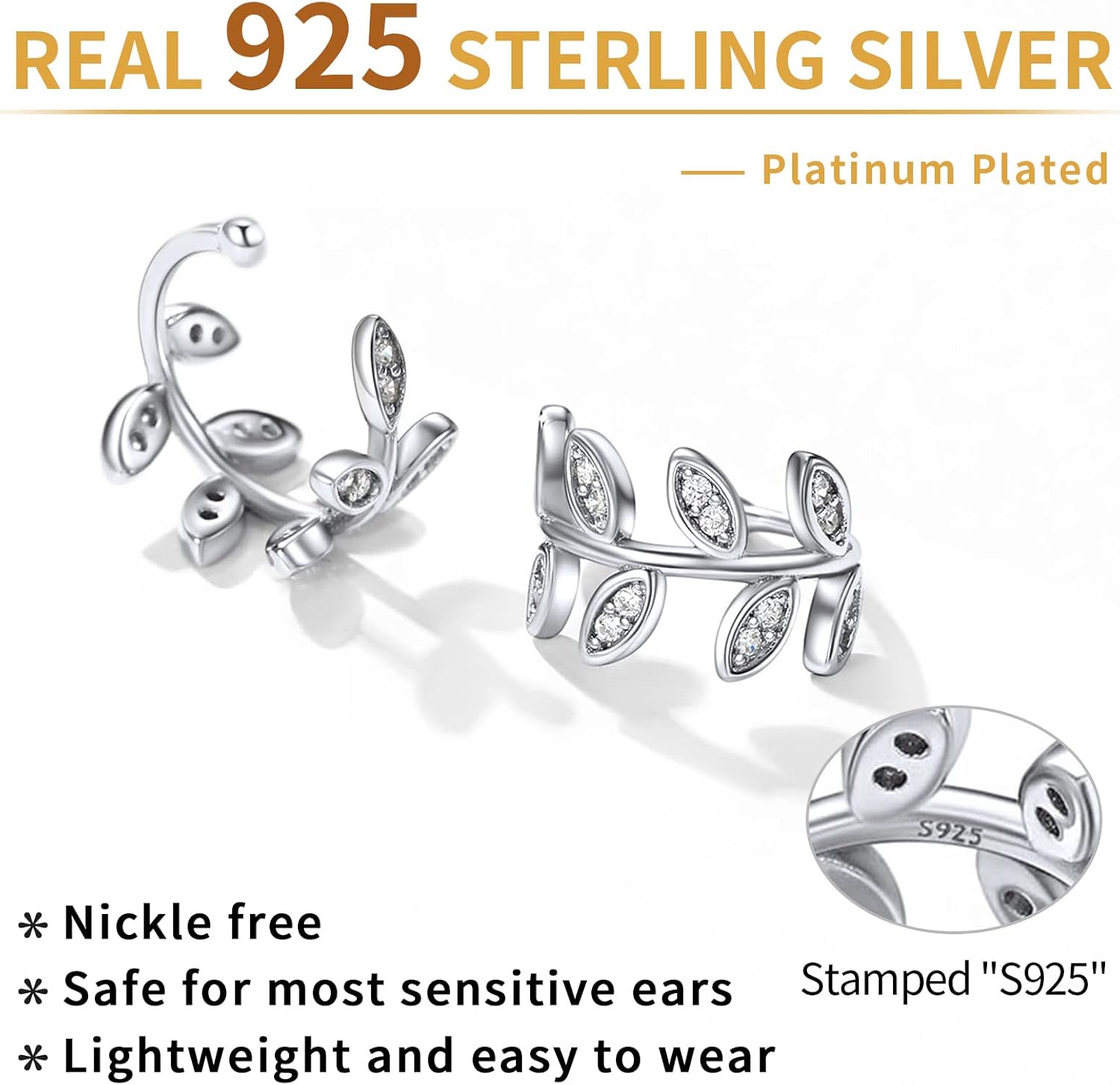 ChicSilver 925 Sterling Silver Ear Cuff Earrings Non Piercing Clip on Cartilage Cuff Earrings for Women