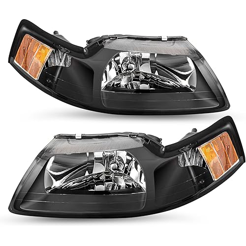 Headlight Assembly Fit for 1999-2004 Ford Mustang Headlamp Replacement Left Driver & Right Passenger Side (Black Housing & Amber Reflector)
